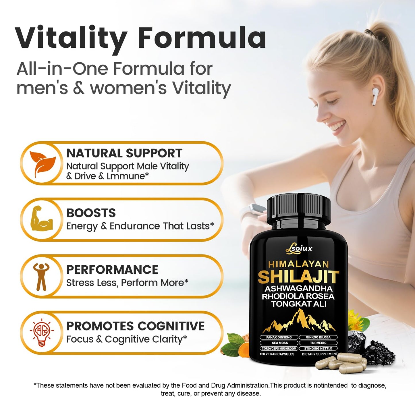 LSOIUX Shilajit Capsules 10-in-1 Himalayan Shilajit with Organic Ashwagandha, Rhodiola Rosea & Tongkat Ali, 120 Capsules