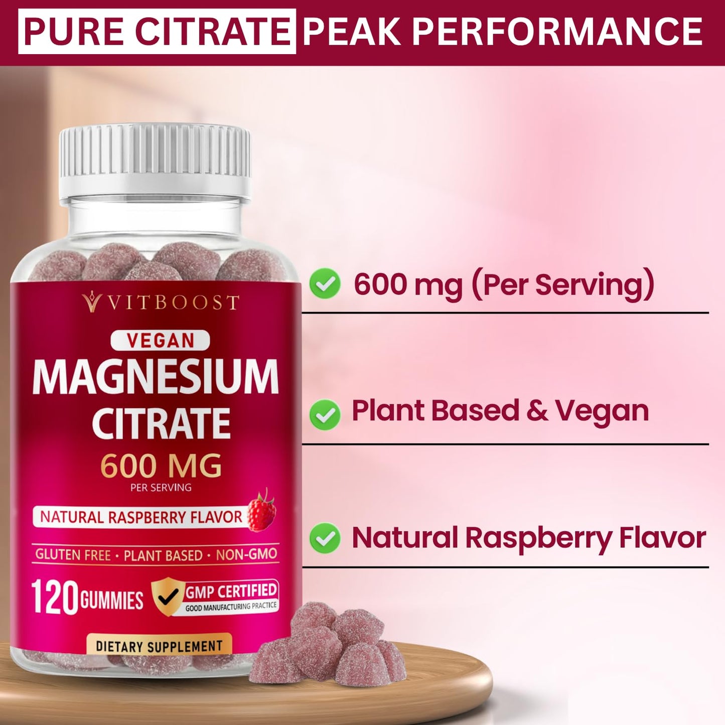 VITBOOST Magnesium Citrate Gummies 600mg, 120 Count
