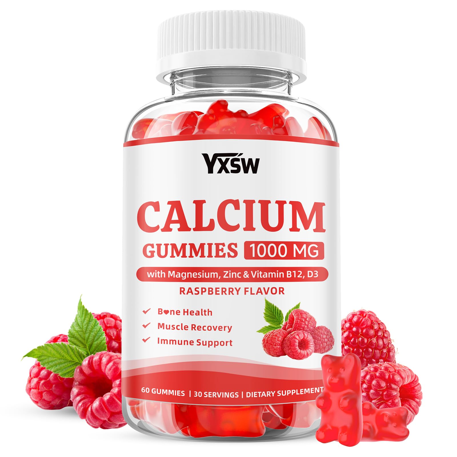 YXSW Calcium Gummies 1000mg with Vitamin D3 K2 & B12 Complex, Gummies, 60 Count