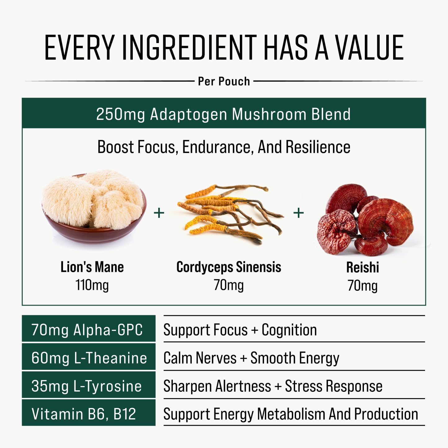 GGGJ Adaptogen Mushroom Nootropic Pouches Chewable 60 Count