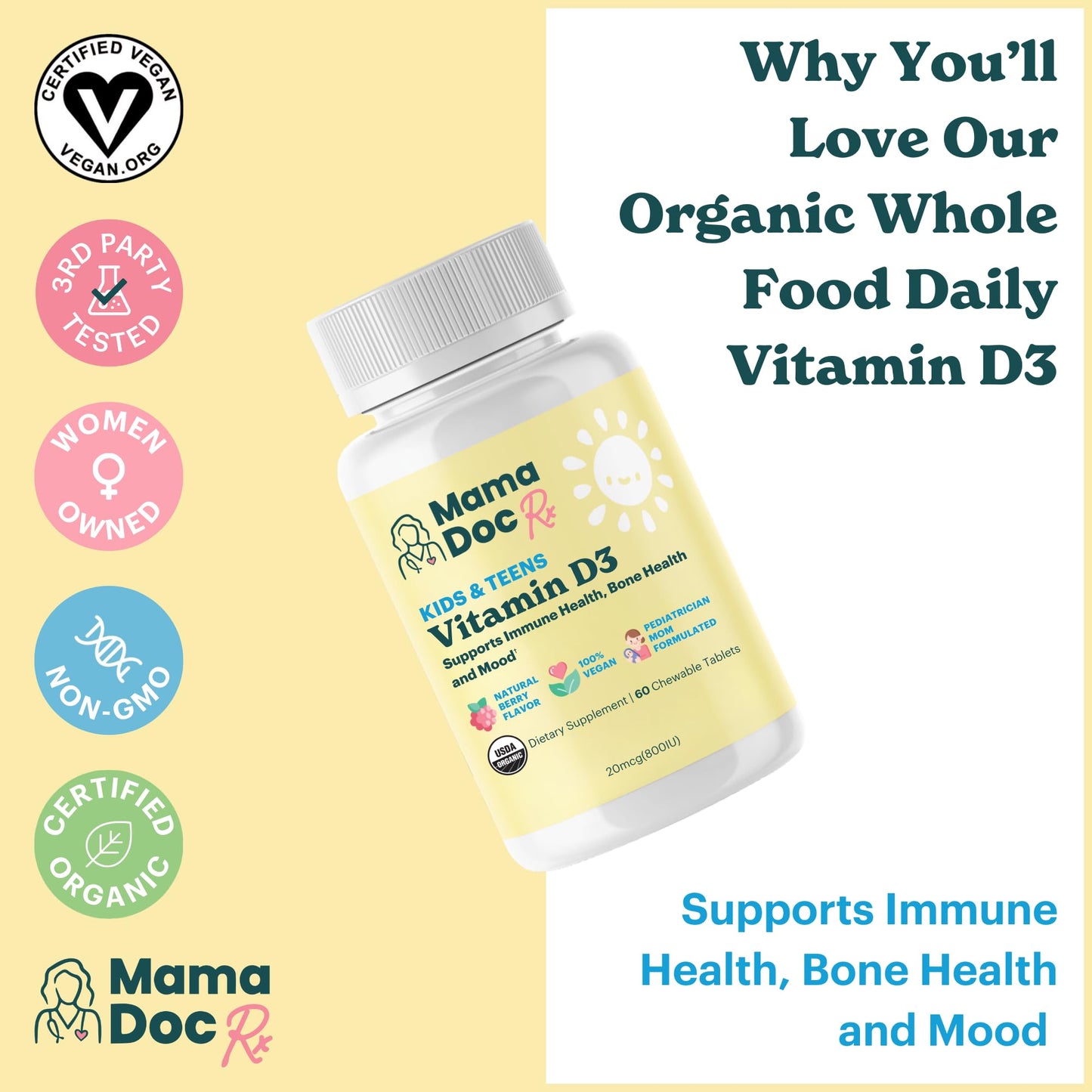 MamaDoc Rx Certified Organic Kids and Teens Whole Food Vitamin D3 800 IU Chewables 60 Count