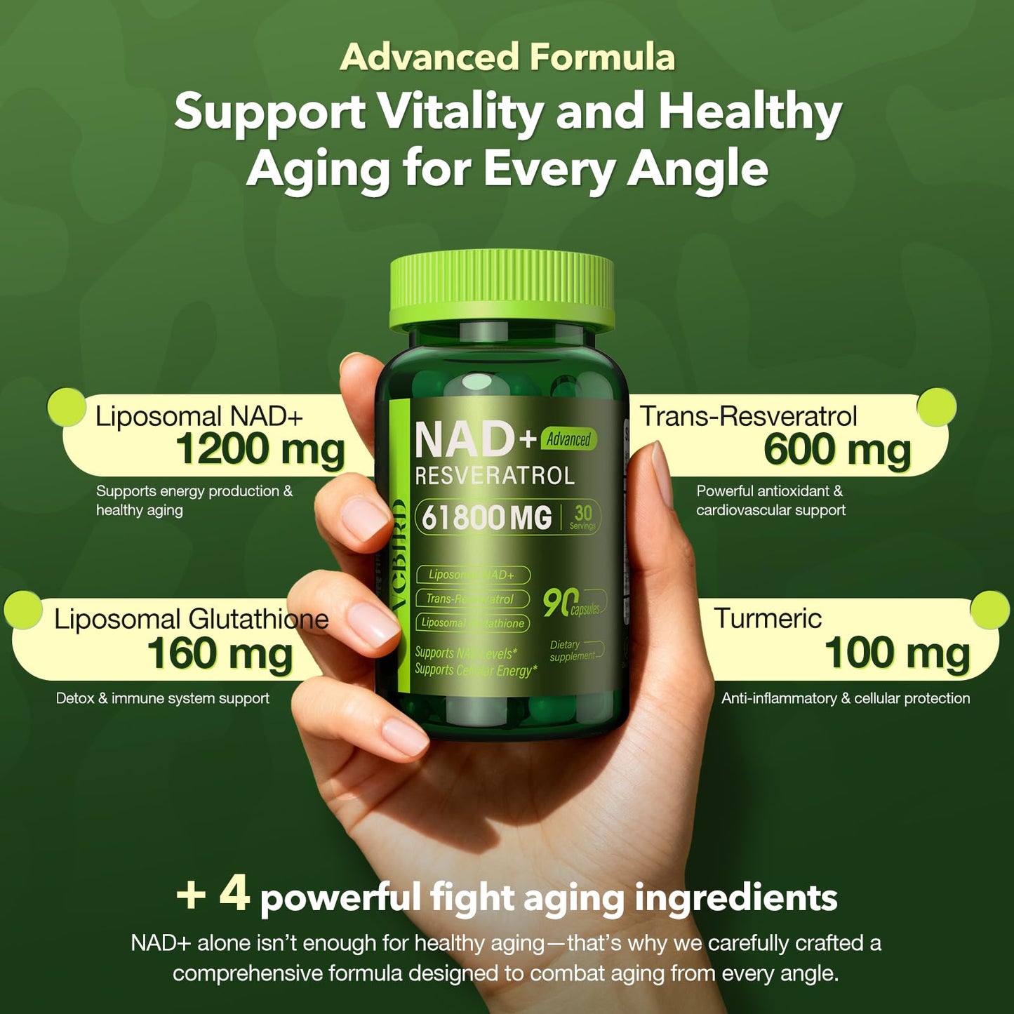 VCBIRD Liposomal NAD Supplement with Resveratrol 1200mg Per Serving – NAD Resveratrol for Women & Men – High Purity NAD+ Supplement for Energy & Healthy Aging, Glutathione, Turmeric, 90 Capsules