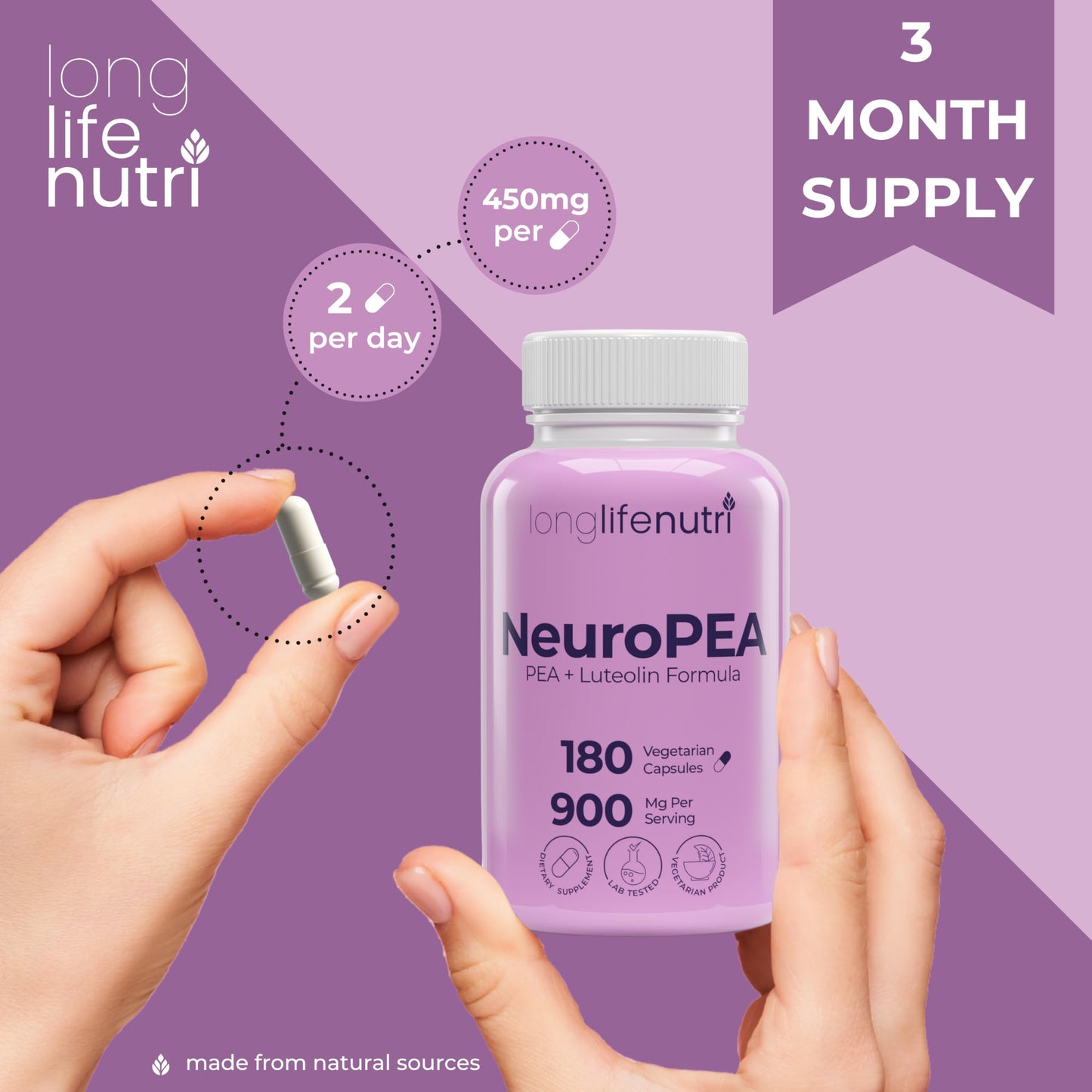 LongLifeNutri NeuroPEA (Palmitoylethanolamide + Luteolin 800mg/100mg) – Organic Supplement for Nerve Performance, 180 Vegetarian Capsules