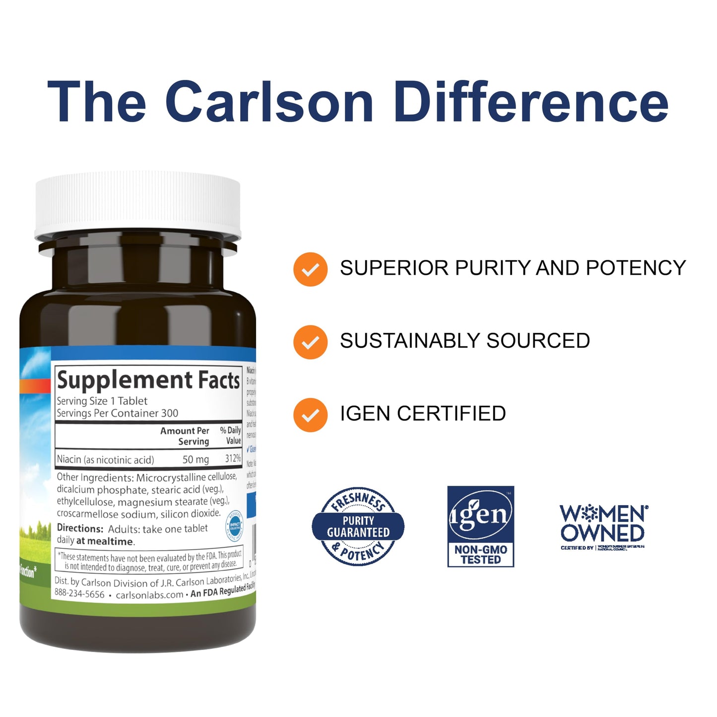 Carlson Niacin 50 mg Tablets, 300 Count