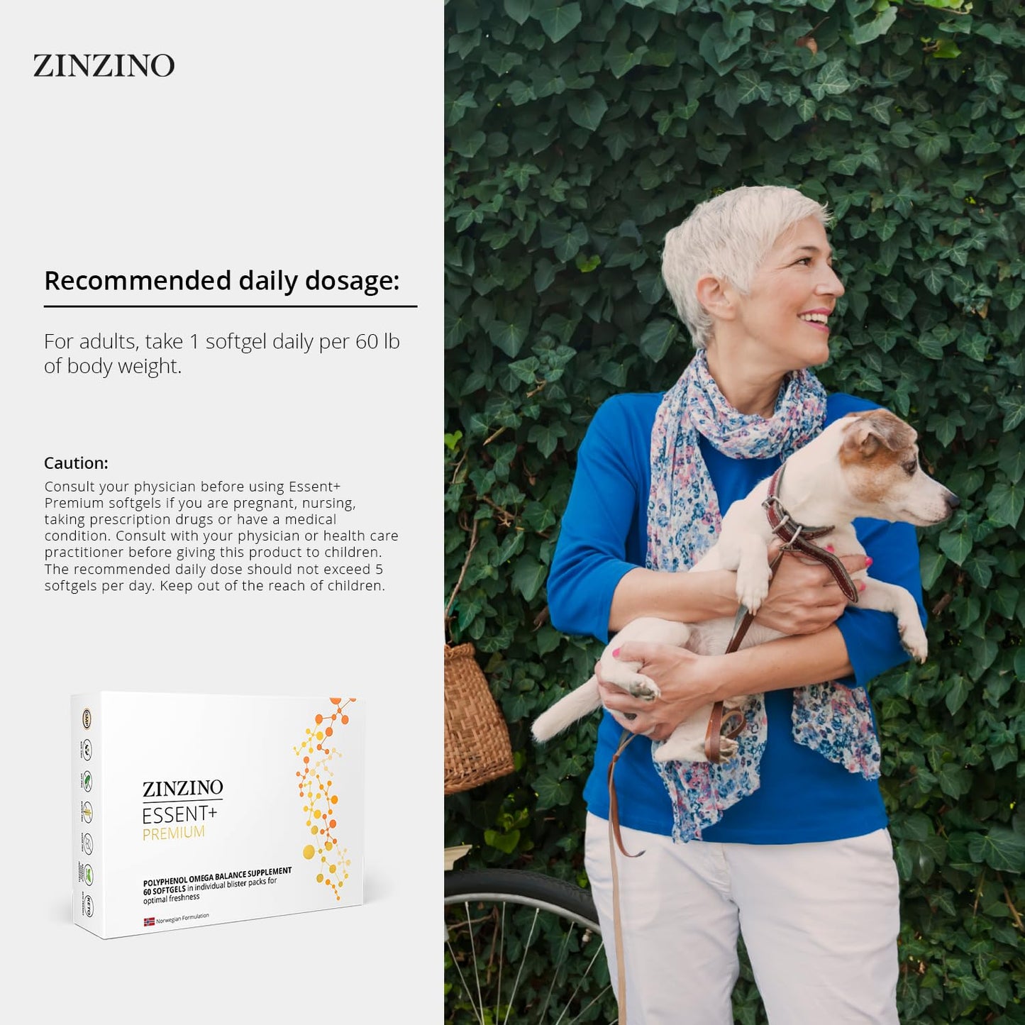 ZINZINO Essent+ Premium, Advanced Polyphenol Omega Balance with Fish Oil, Glycerin, Cold-Pressed Extra Virgin Olive Oil, Vitamin D, 60 Softgels
