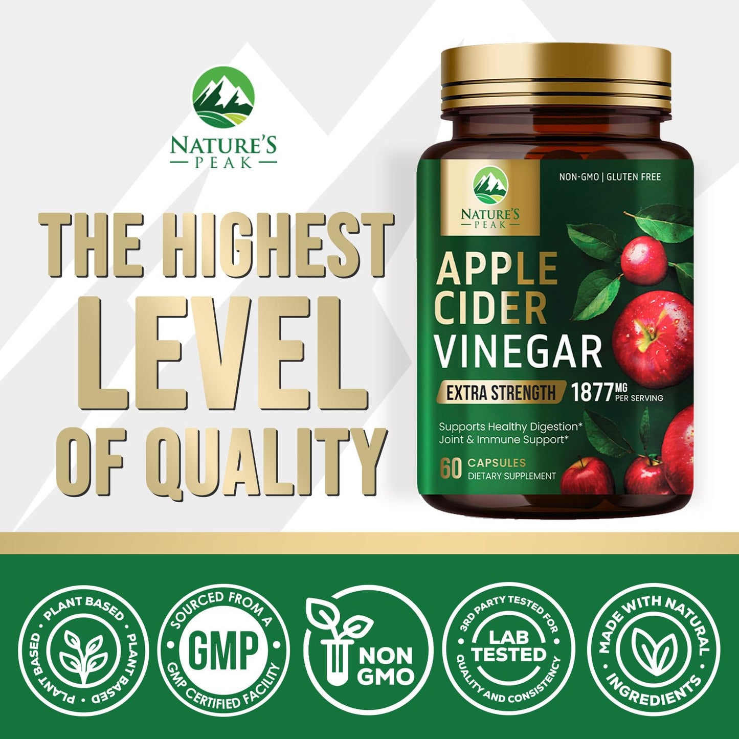 Nature's Peak Apple Cider Vinegar 1877mg Per Serving ACV Supplement Capsules, 60 Capsules
