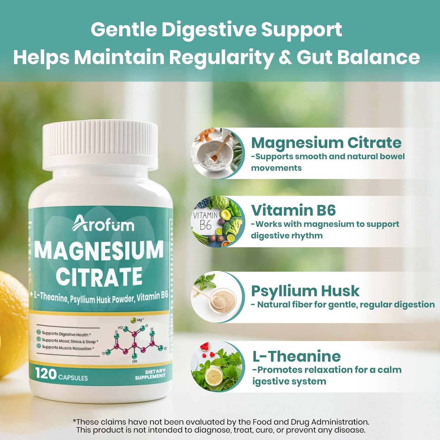 Arofum Magnesium Citrate Capsules for Constipation & Sleep Support, Vegan Magnesium Citrate Supplement with Vitamin B6 & L-Theanine for High Absorption, 120 Count