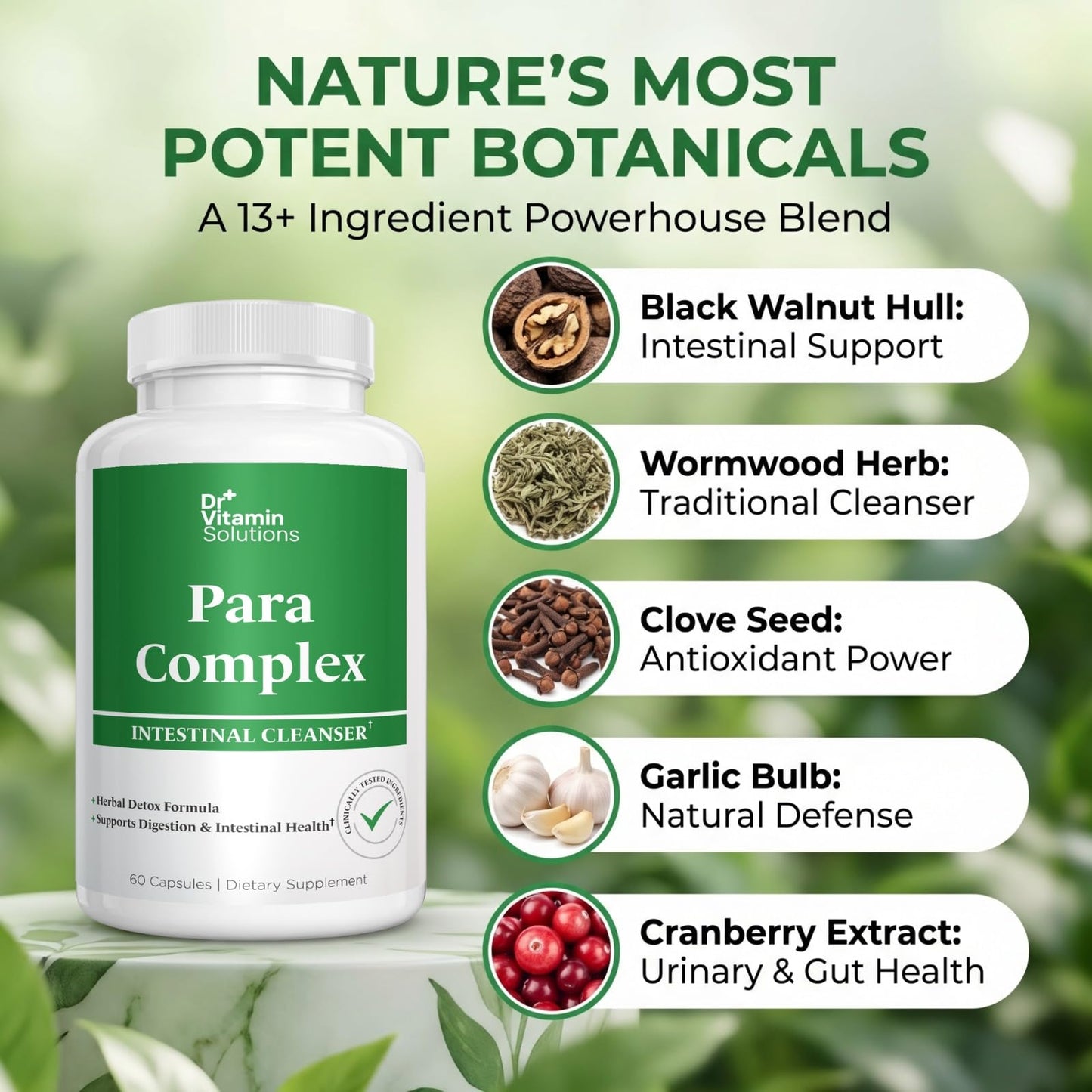 DR VITAMIN SOLUTIONS Para Complex Intestinal Cleanser – Wormwood, Black Walnut, Clove & Pau d'Arco Cleanse for Humans – Herbal Detox Formula with Garlic, Pumpkin Seed, Cranberry & Zinc, Non-GMO, 60 Capsules