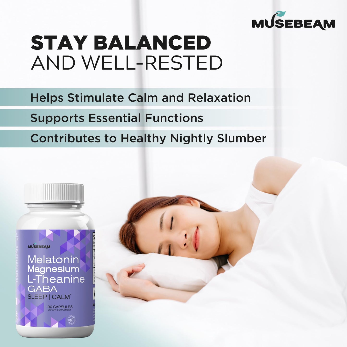 MuseBeam Magnesium Glycinate 275mg with Melatonin 5mg, L-Theanine 200mg & GABA 100mg Capsules, 90 Count