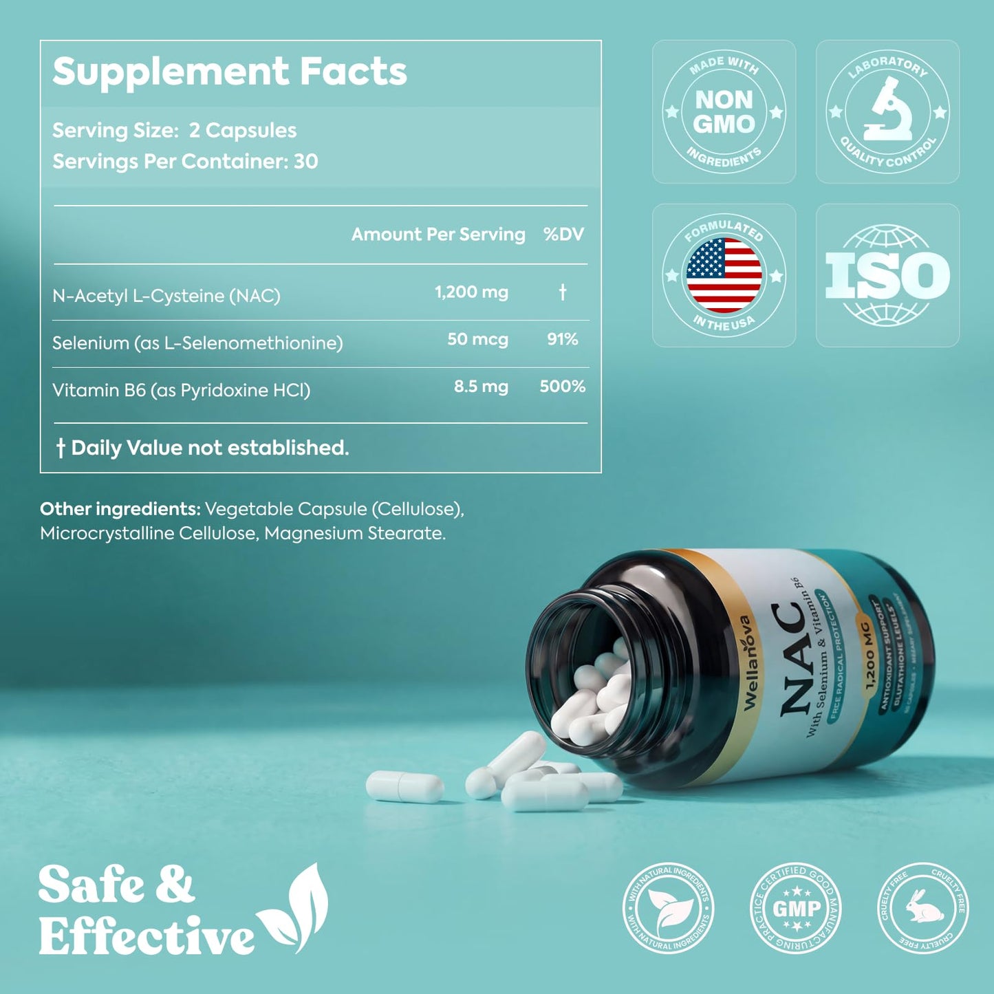 Wellanova N-Acetyl Cysteine (NAC) Capsule 1,200 mg with Selenium, 60 Capsules