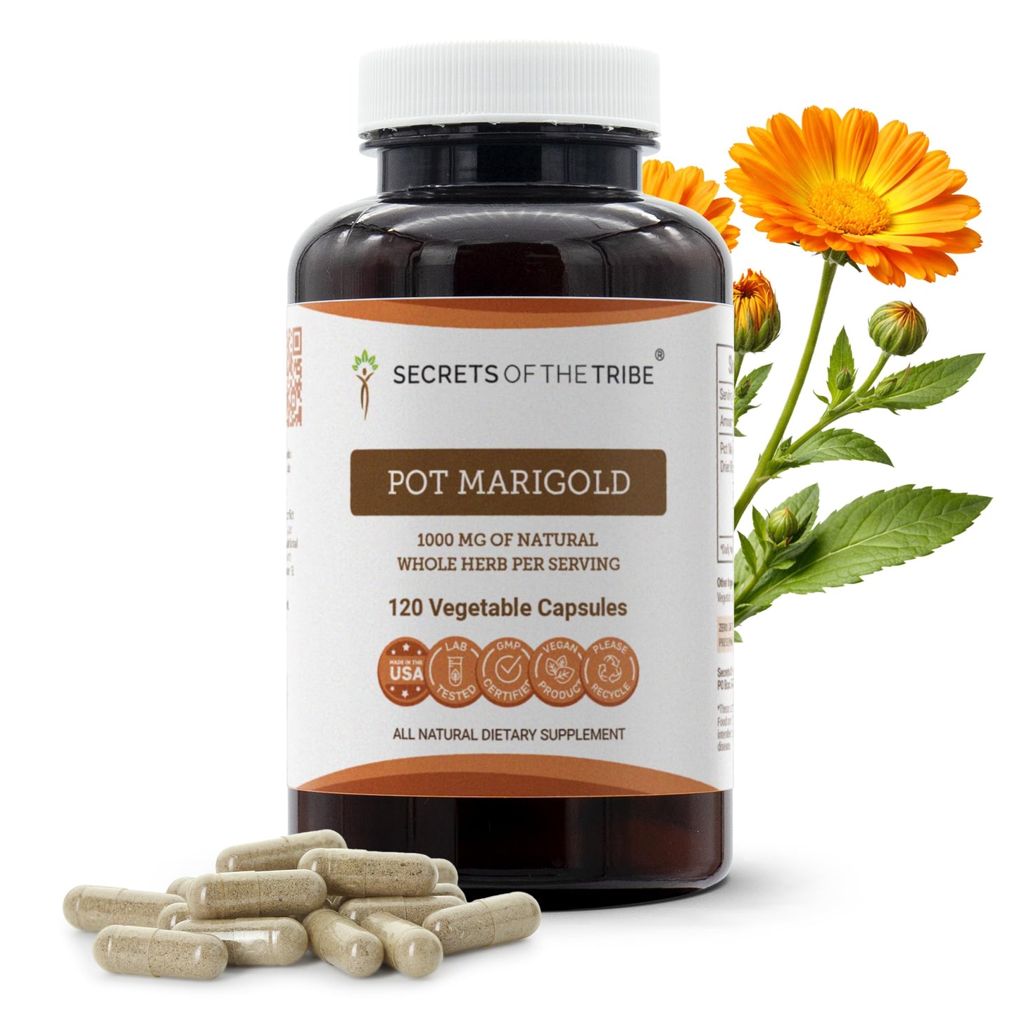 Secrets of the Tribe Pot Marigold 1000 mg Dried Flower Calendula Officinalis Capsules, 120 Count