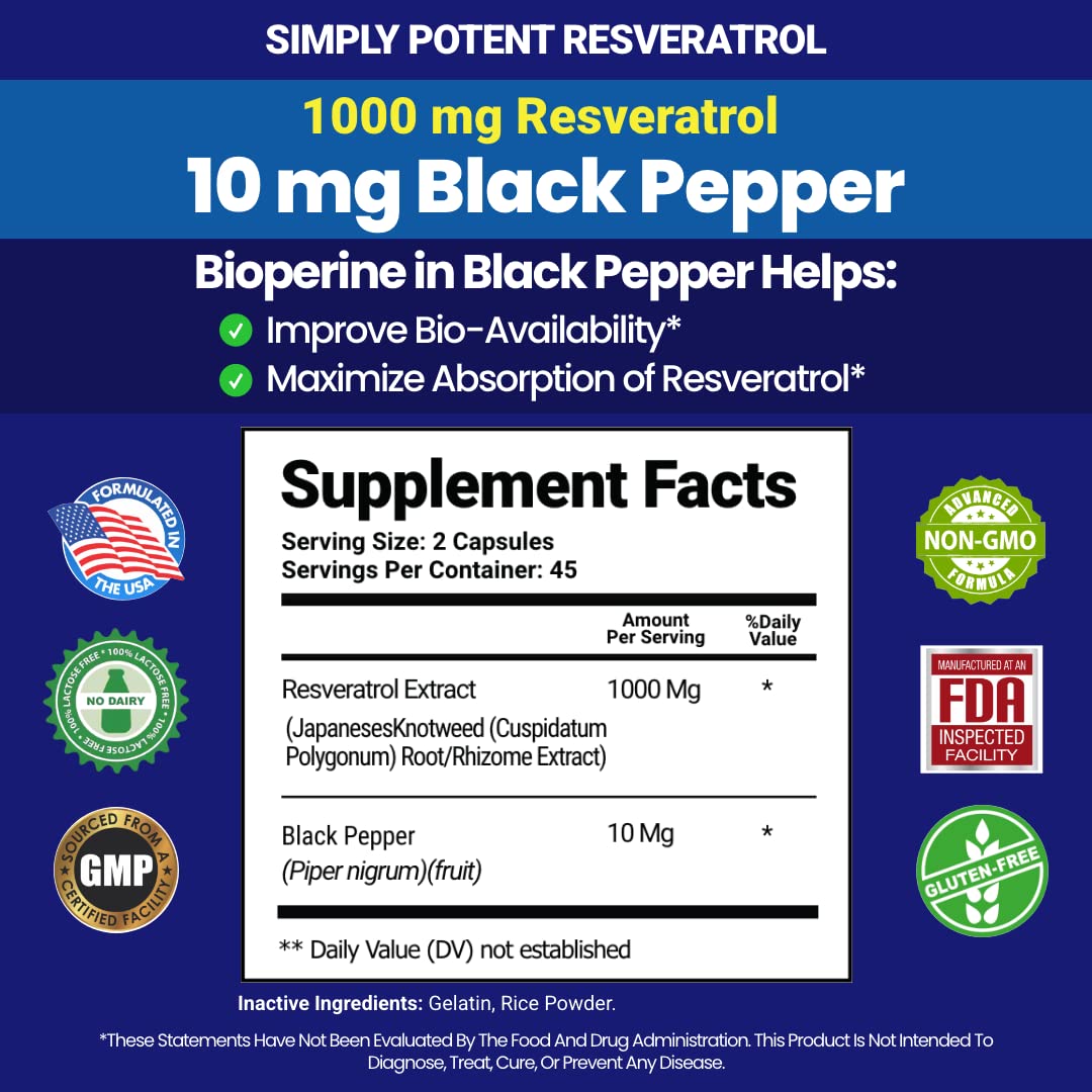 Simply Potent Resveratrol 1000mg Supplement with Black Pepper for Max Absorption, 90 Capsules