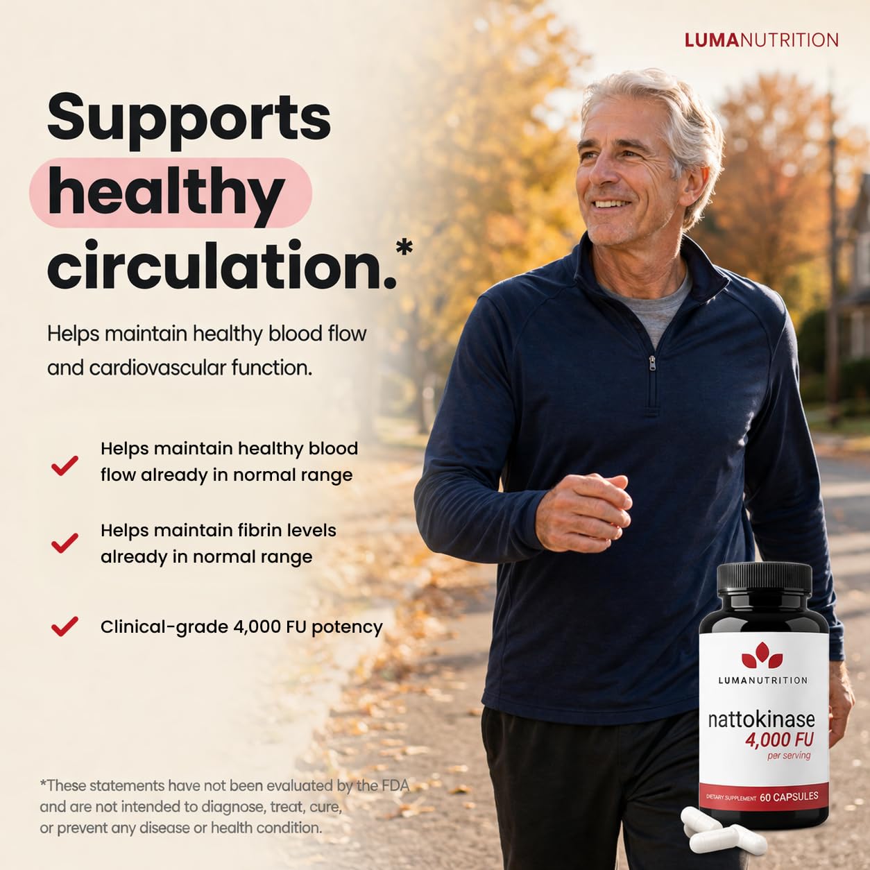 Luma Nutrition Nattokinase Supplement Natto 4000 FU per Serving Capsule, 60 Capsules