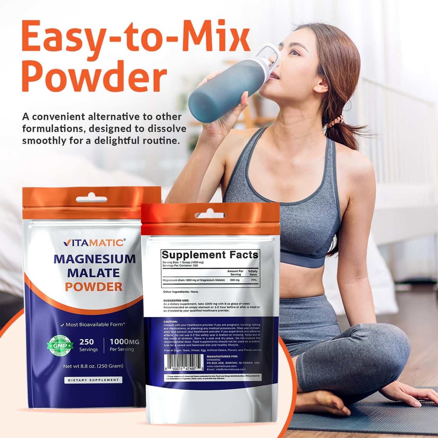 Vitamatic Magnesium Malate 1000mg Powder, 8.8 oz, 250 Servings