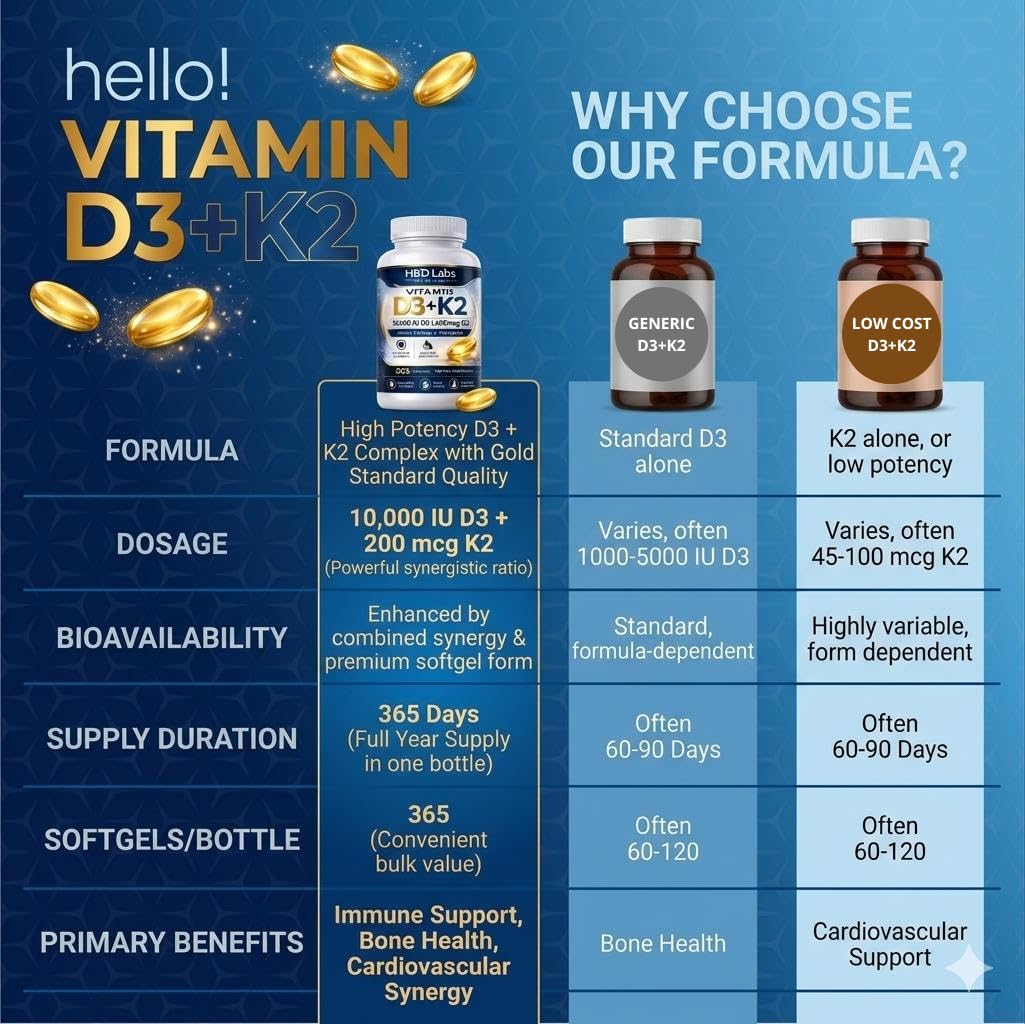 H&D Labs Nutrition Vitamin D3 K2 10000 IU (125mcg) with MK-7 – High Potency Bone & Immune Support – 365 Capsules