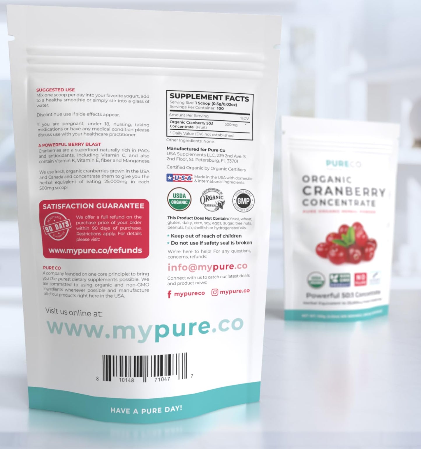PURE CO Cranberry Concentrate Powder 1.76 Ounce - USDA Organic Cranberry Powder 500mg 50:1 Extract per 1 Scoop Serving - Kidney Cleanse & Urinary Tract Support for Women - 100 Servings