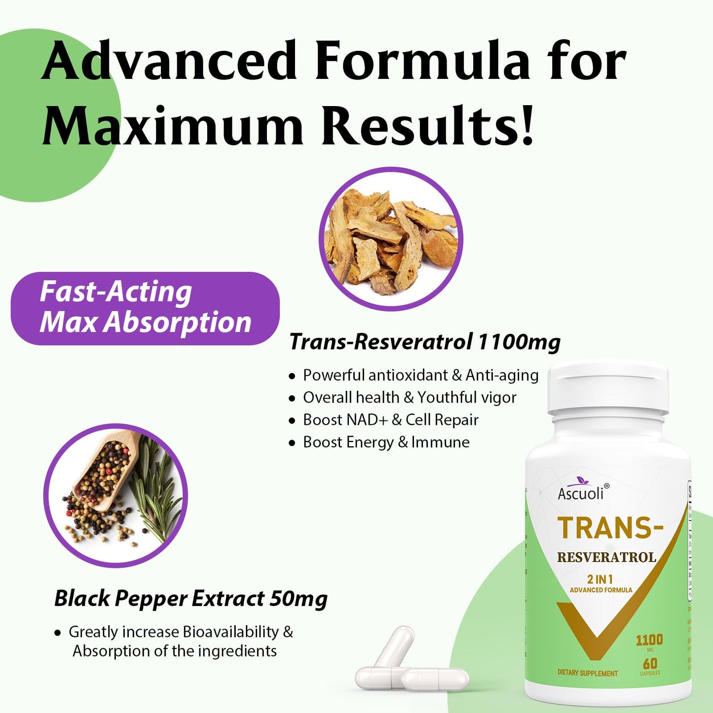 Ascuoli Trans-Resveratrol 1100mg, 3-in-1 Advanced Formula Organic Resveratrol Supplement, 60 Capsules