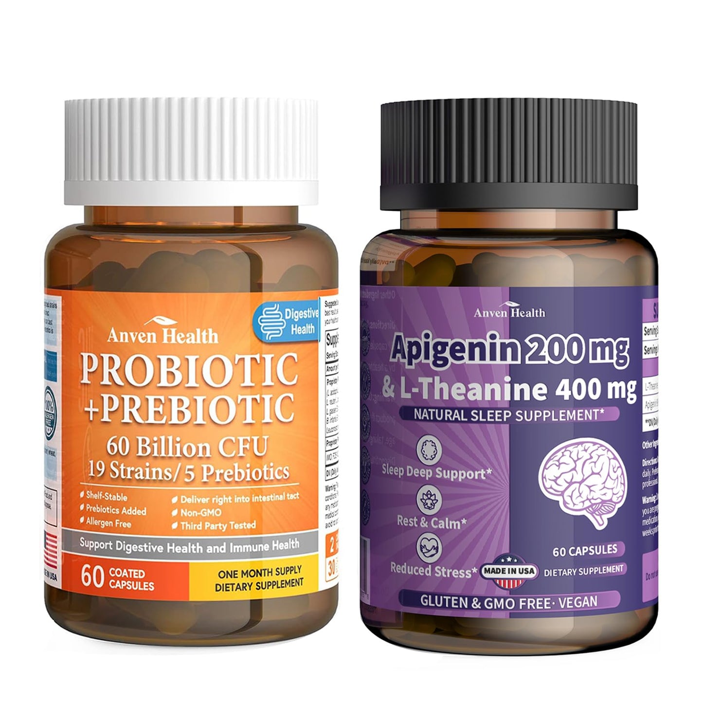 Anven Health Apigenin 200mg with L-Theanine 400mg + 60 Billion Probiotics Ultimate Relaxation, Gut & Immune Support Bundle, 120 Capsules