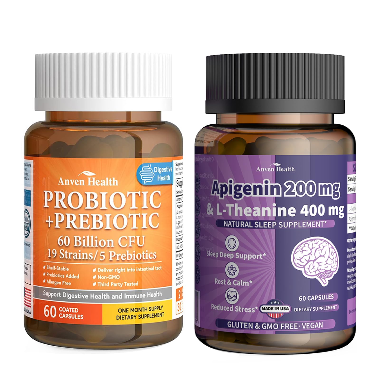 Anven Health Apigenin 200mg with L-Theanine 400mg + 60 Billion Probiotics Ultimate Relaxation, Gut & Immune Support Bundle, 120 Capsules