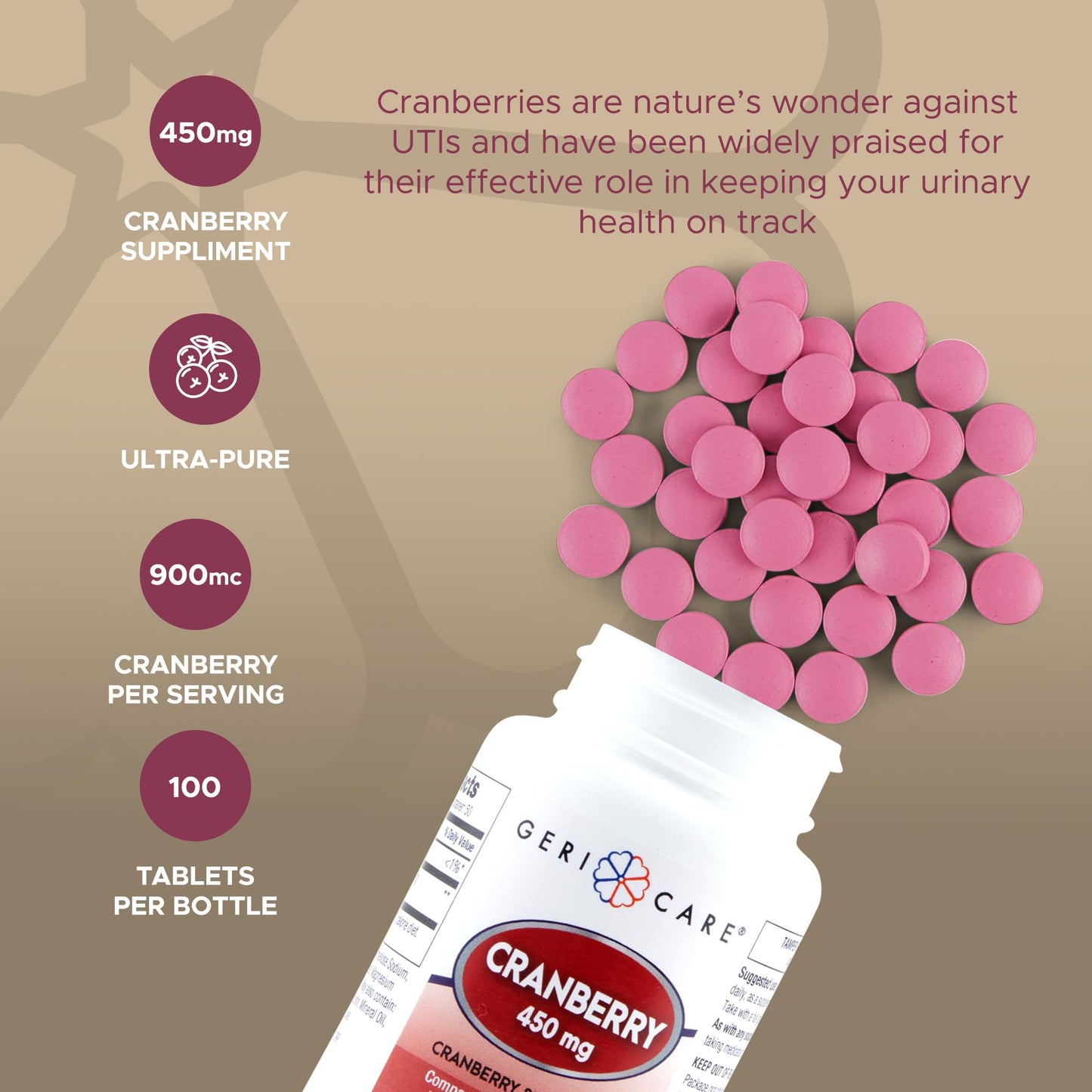 GeriCare Cranberry Supplement Tablets, 100 Count