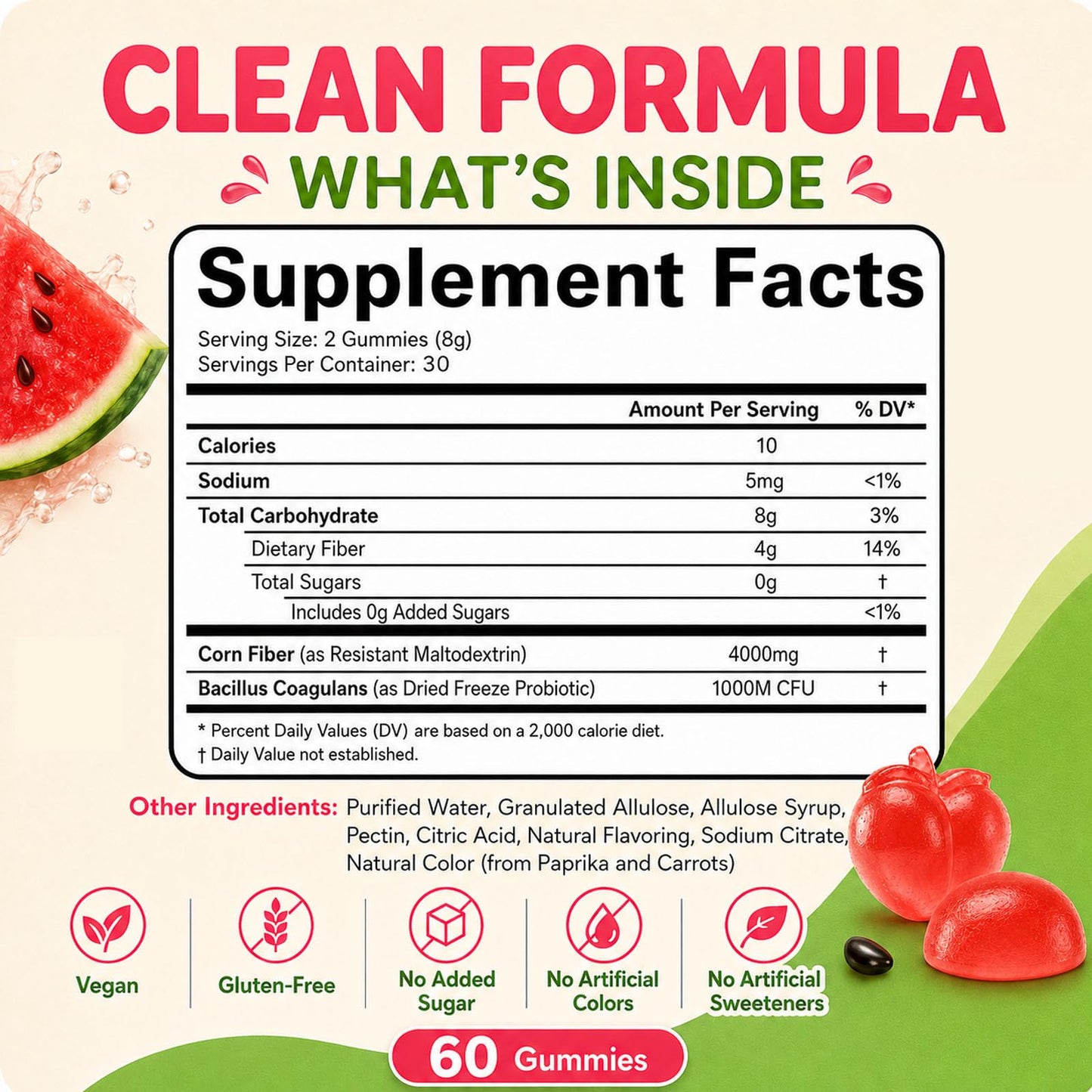 Boaccy Clean Prebiotic Fiber Watermelon Flavor Gummy, 60 Count