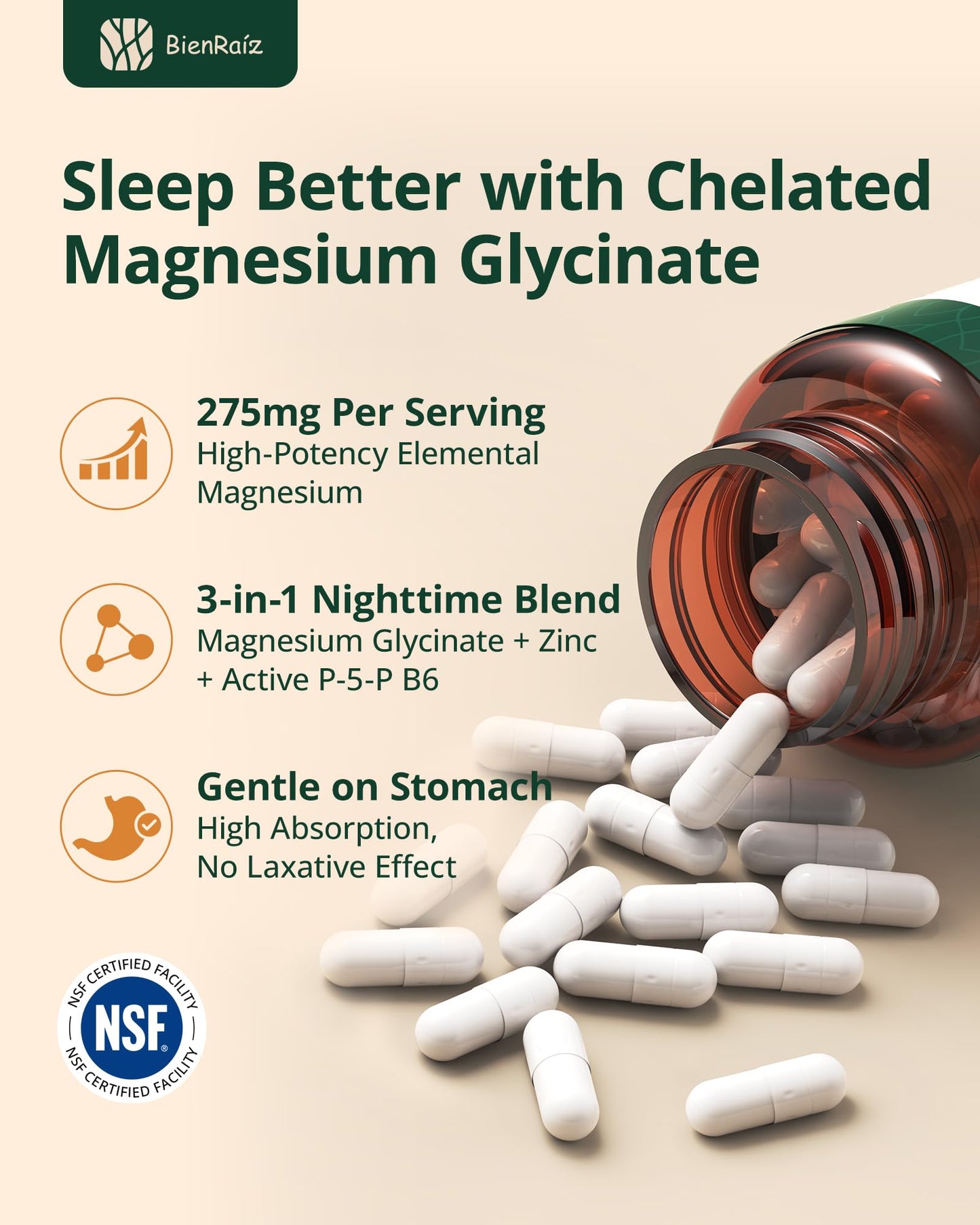 BienRaíz Magnesium Glycinate 275mg Capsule, 180 Capsules