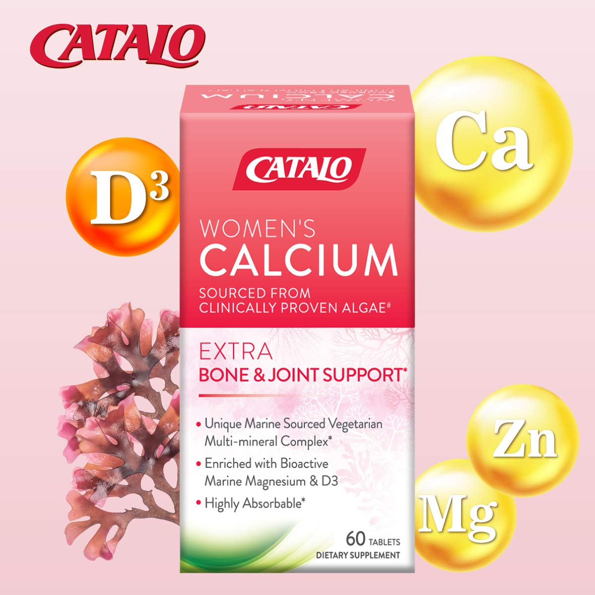 CATALO Women's Calcium with Aquamin Red Algae - Plant-Based Marine Calcium Supplement with Vitamin D3, Magnesium & Zinc - High Absorption Formula, 60 Tablets