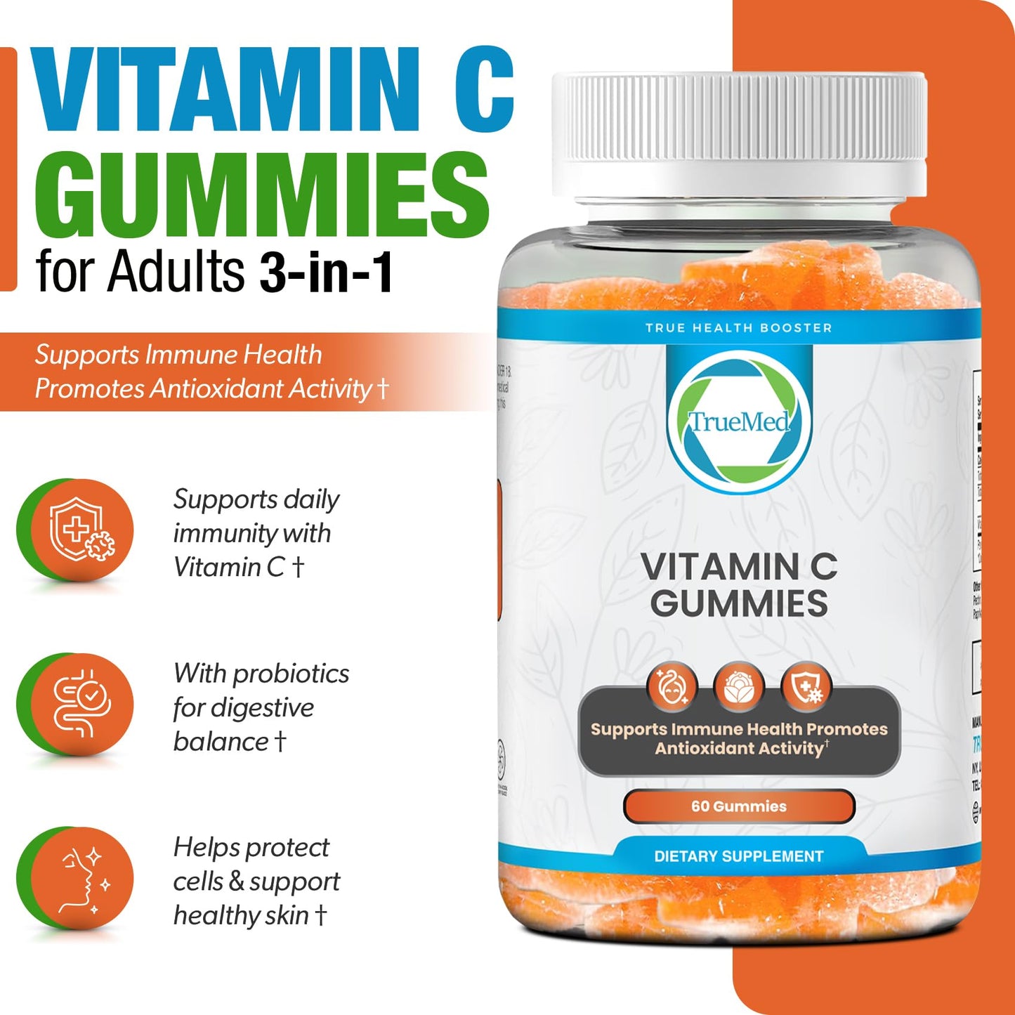 TRUEMED Chewable Vitamin C Gummies 250mg with Zinc and Probiotics 30 Count