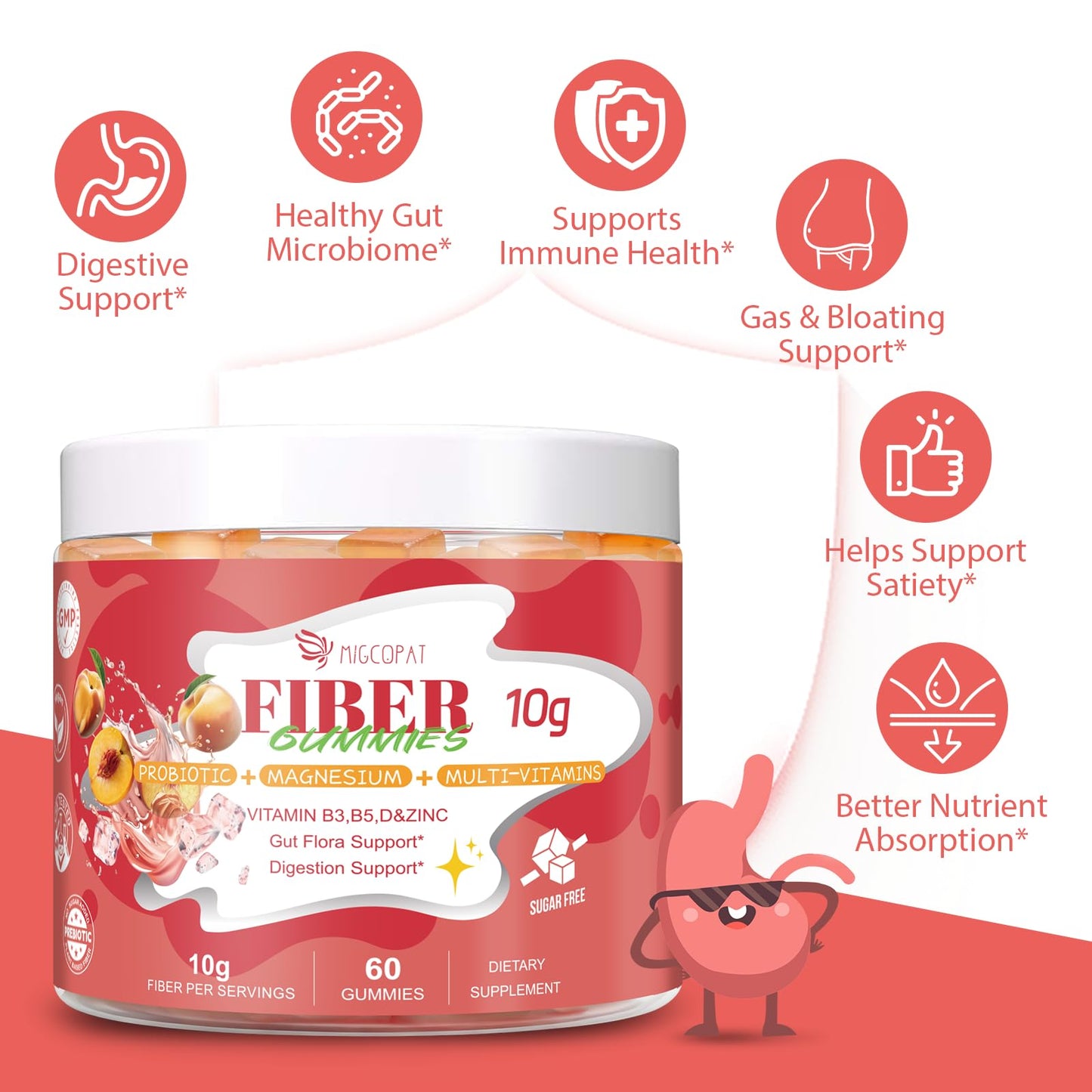 Migcopat 10G Fiber Gummies with Probiotics & ACV, No Sugar, 60 Count