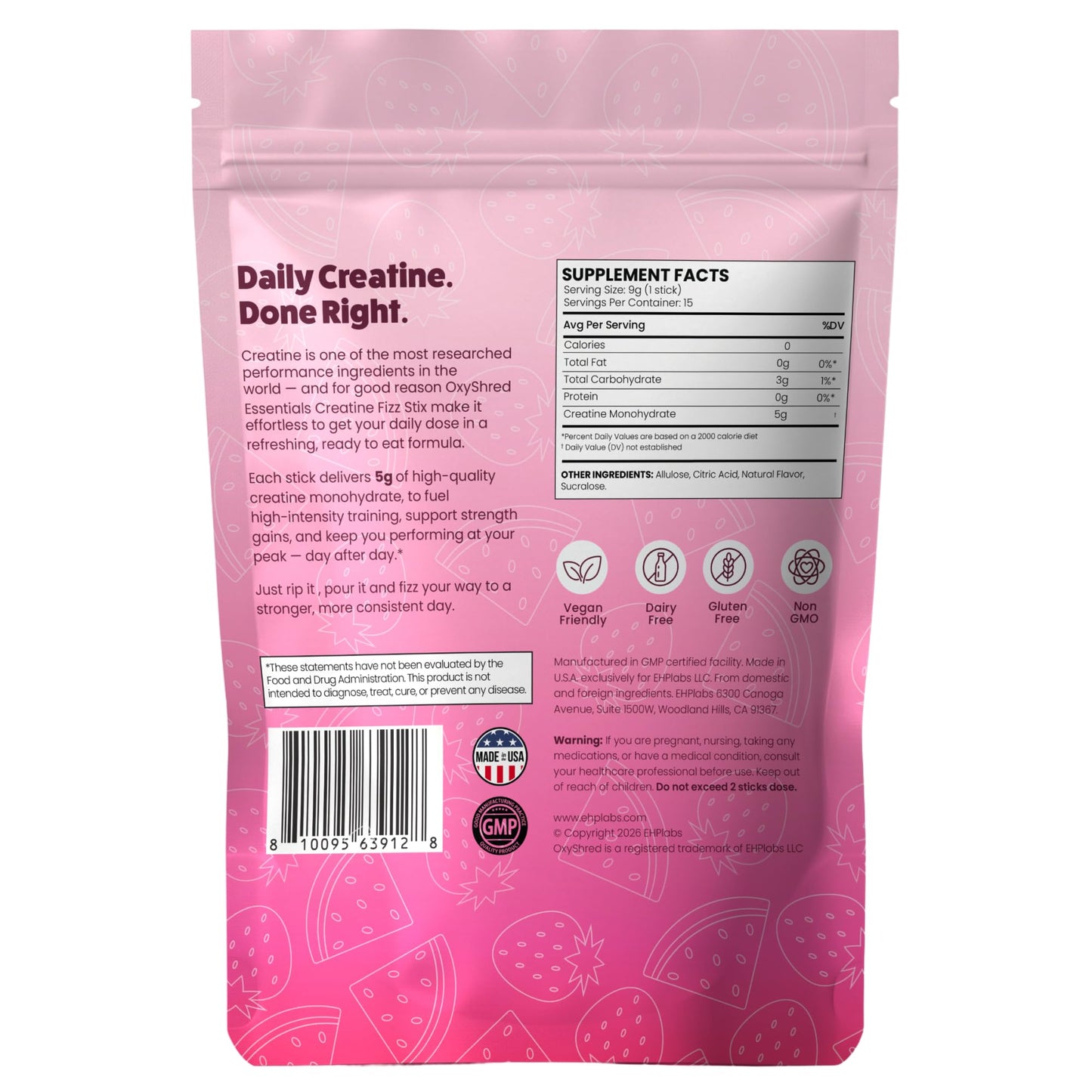 EHP Labs OxyShred Creatine Fizz Sticks Strawberry Watermelon Powder, Pack of 15