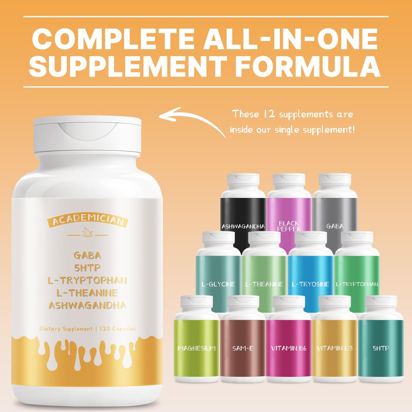 ACADEMICIAN Ashwagandha with 5HTP, L-Tryptophan & L-Theanine Capsules, 120 Count