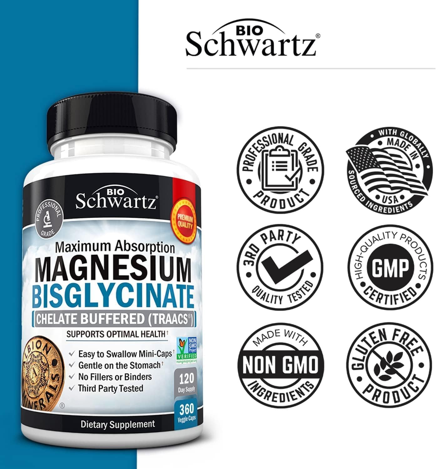 BioSchwartz Magnesium Bisglycinate Chelated Supplement Capsules 360