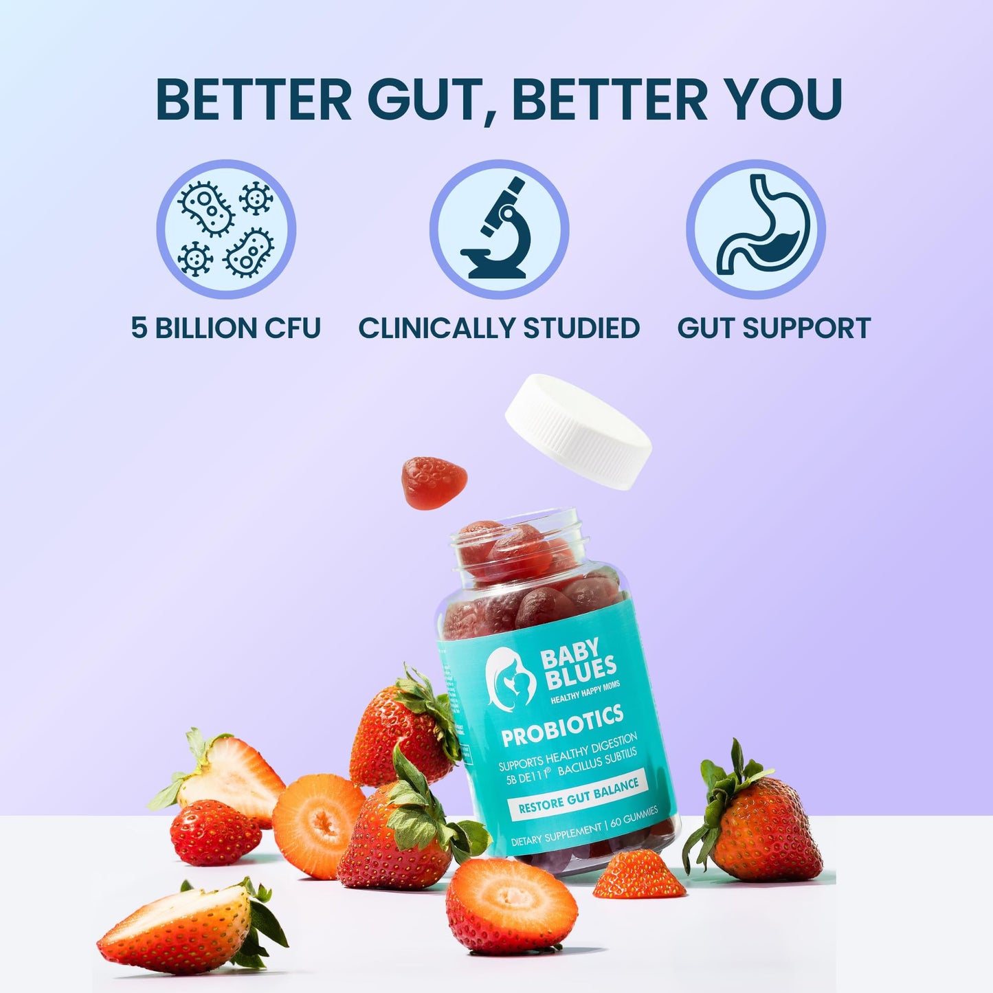 Baby Blues Probiotic Gummies for Women, Prenatal and Postnatal Probiotic for Pregnancy, Postpartum and Breastfeeding, Gut Health and Digestion, 5 Billion CFU DE111, Organic Strawberry, 60 Gummies