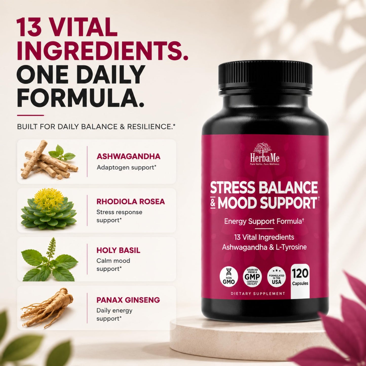 HerbaMe Stress & Mood Support Supplement with Ashwagandha & L-Tyrosine Capsules 120