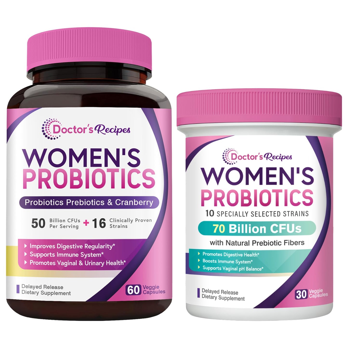 Doctor's Recipes Women's Probiotics Bundle, Capsules, 50 Billion (60 Capsules) & 70 Billion (30 Capsules), 90 Capsules