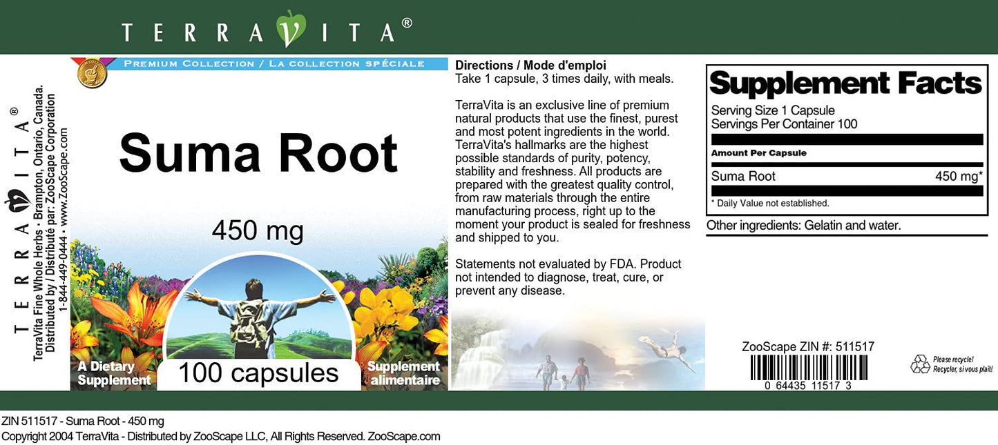 Terravita Suma Root 450 mg Capsules, 100 Count