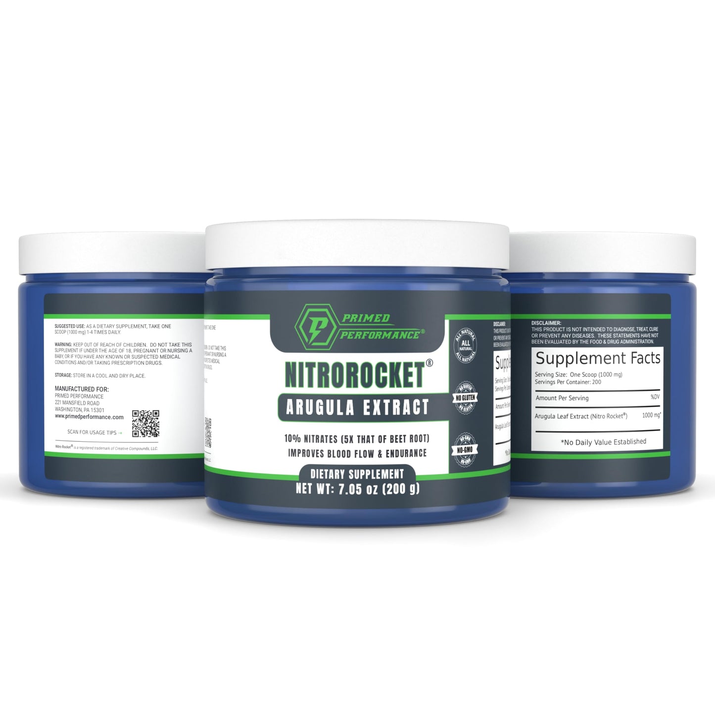 Primed Performance NitroRocket Plant-Based Nitric Oxide Powder, 7 oz