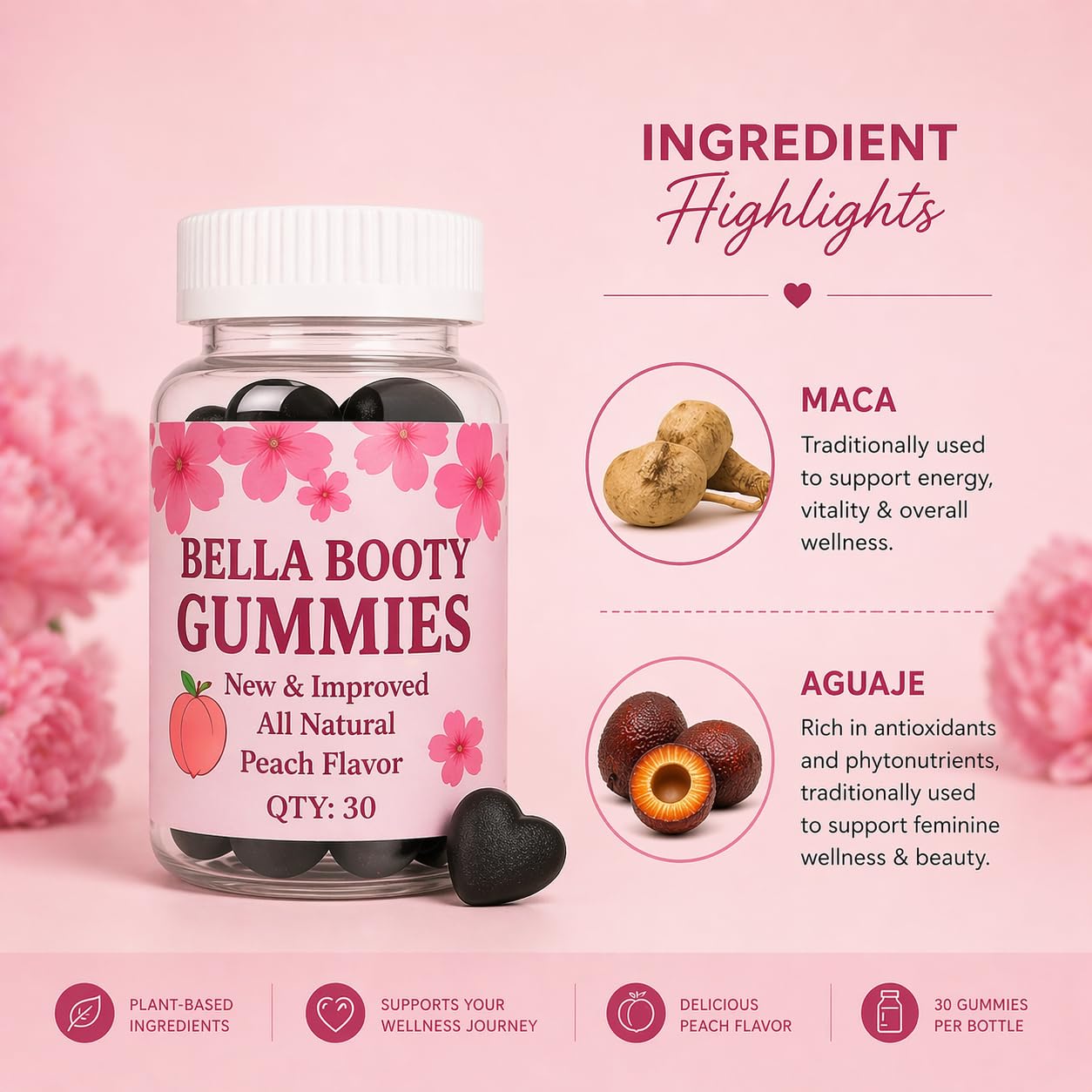 Bodied by Bella Butt Gummies 1 Count – Natural Booty Gummies & Butt Enhancer for Glutes, Hips & Curves with Maca & Aguaje