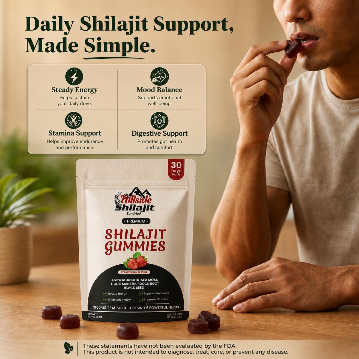 Hillside shilajit Gummies with Ashwagandha & 85+ Trace Minerals for Men and Women Chewable 60 Count