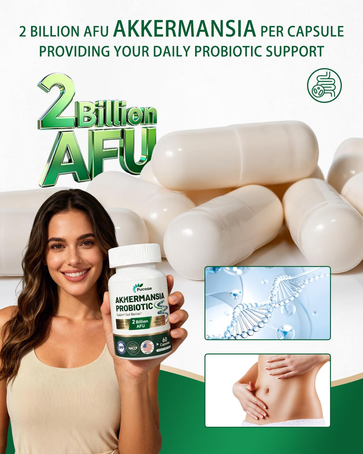 Pucoae Akkermansia Probiotic Supplement – 2 Billion AFU, Delayed Release, Gluten-Free, Gut Health & Microbiome Balance, Weight & Wellness Support for Men and Women, 60 Capsules