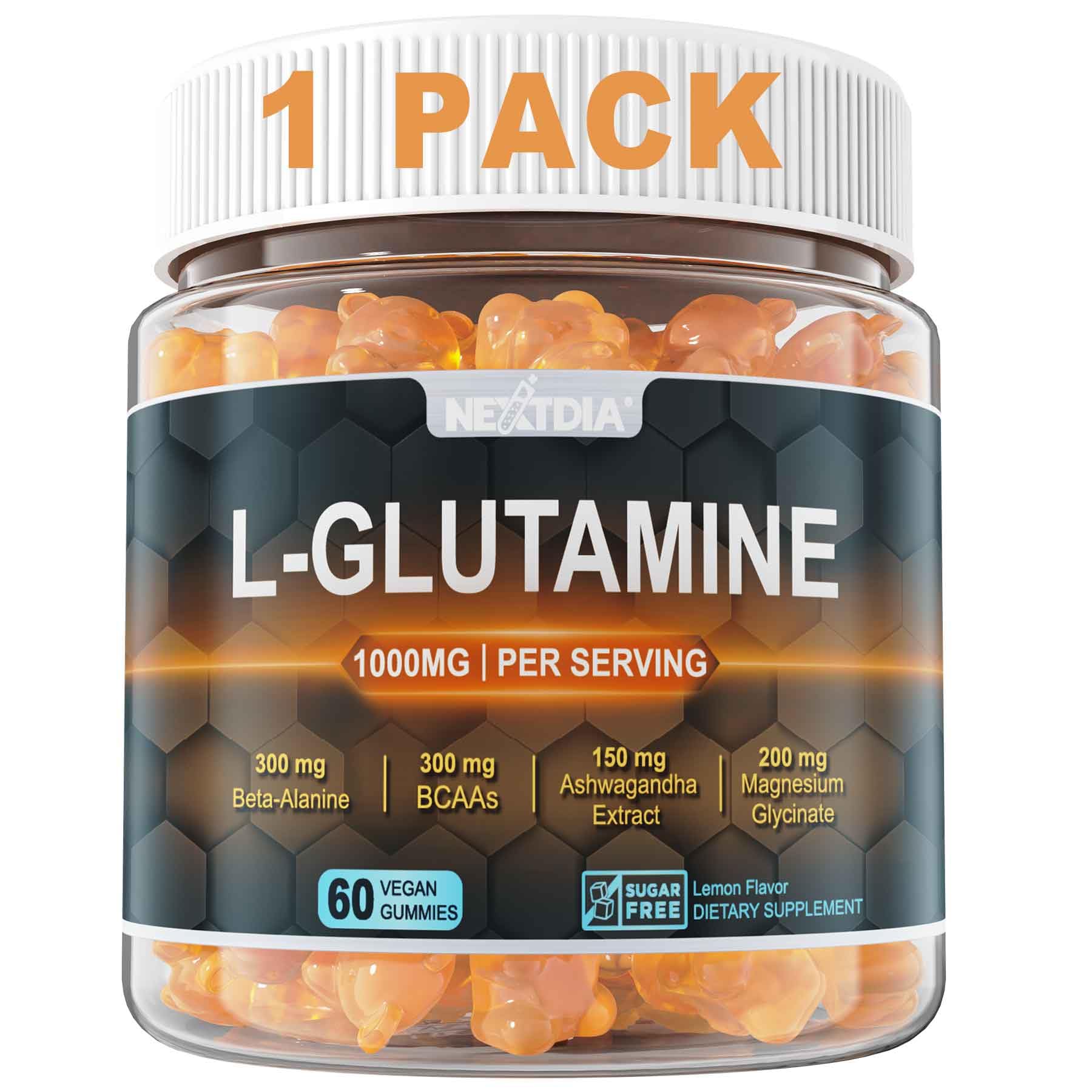 Nextdia L-Glutamine 1000mg Gummies for Women & Men with Beta-Alanine, BCAAs, Magnesium Glycinate, Potassium & Ashwagandha, Vegan, Sugar-Free & Extra-Chewy, 60 Gummies