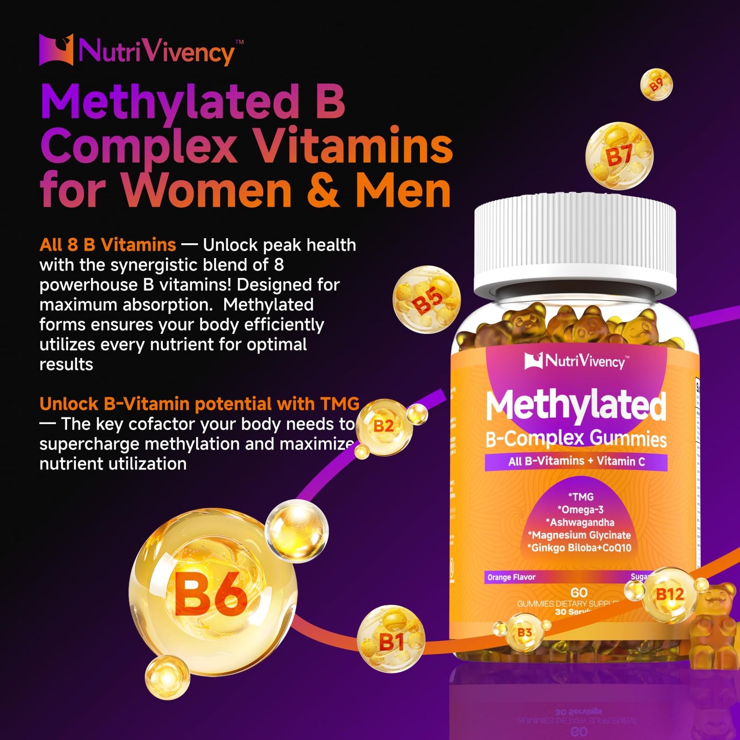 NutriVivency Methylated Vitamin B Complex Gummies, 60 Count