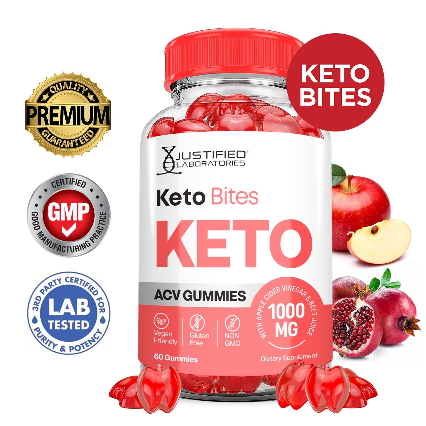 Justified Laboratories Keto Bites Keto ACV Gummies Advanced Formula 1000mg Apple Cider Vinegar with Pomegranate Beet Juice Powder B12 Vegan Non-GMO 600 Gummies