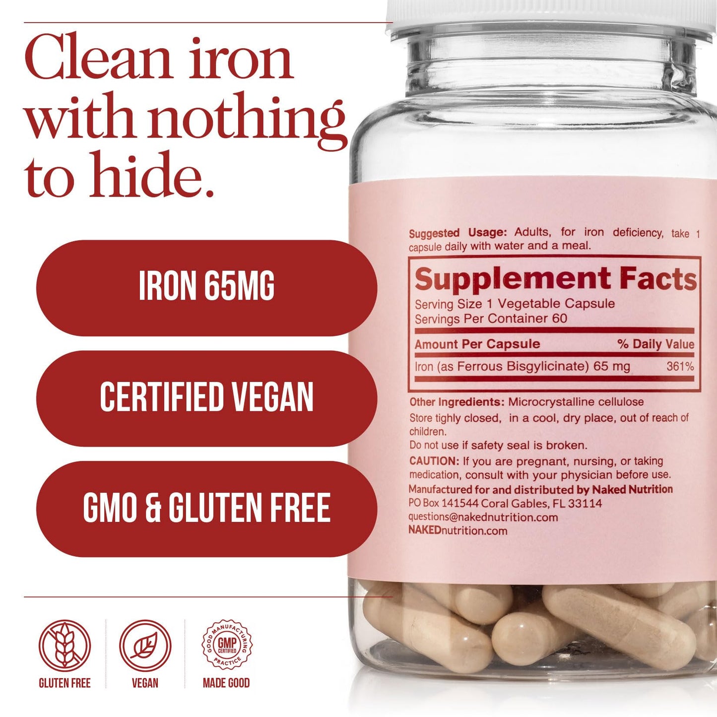 NAKED Iron 65mg, 325mg Ferrous Bisglycinate High Potency Iron Supplement, 60 Capsules