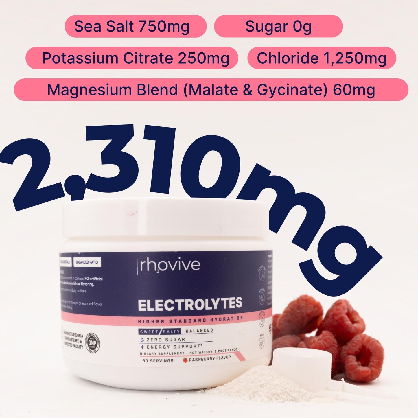 Rhovive Electrolyte Powder 5.29 oz Raspberry Flavor, 30 Servings