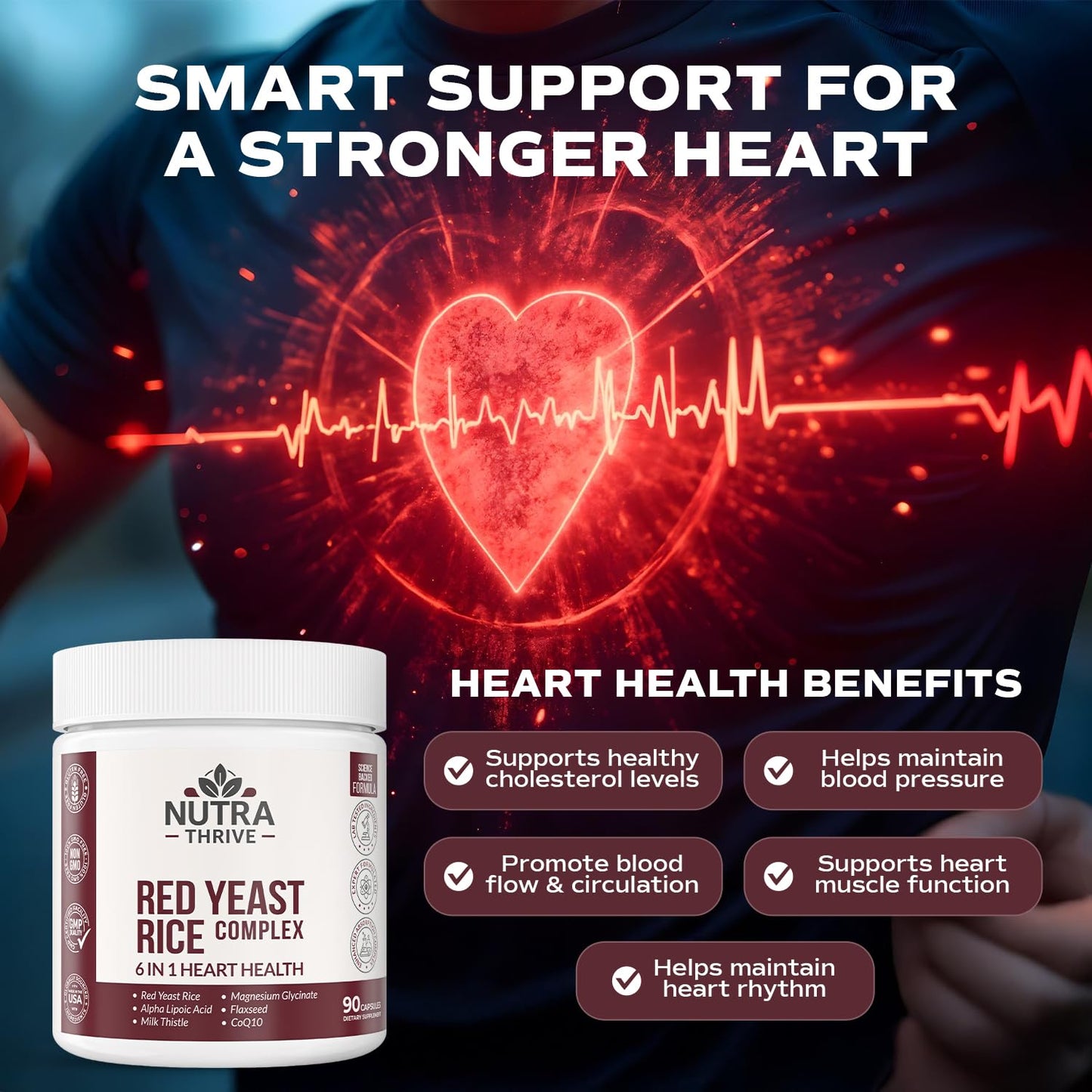 Nutrathrive Red Yeast Rice Complex 6 in 1 with CoQ10, Magnesium Glycinate, ALA, Flaxseed & Milk Thistle Daily Support, 60 Capsules