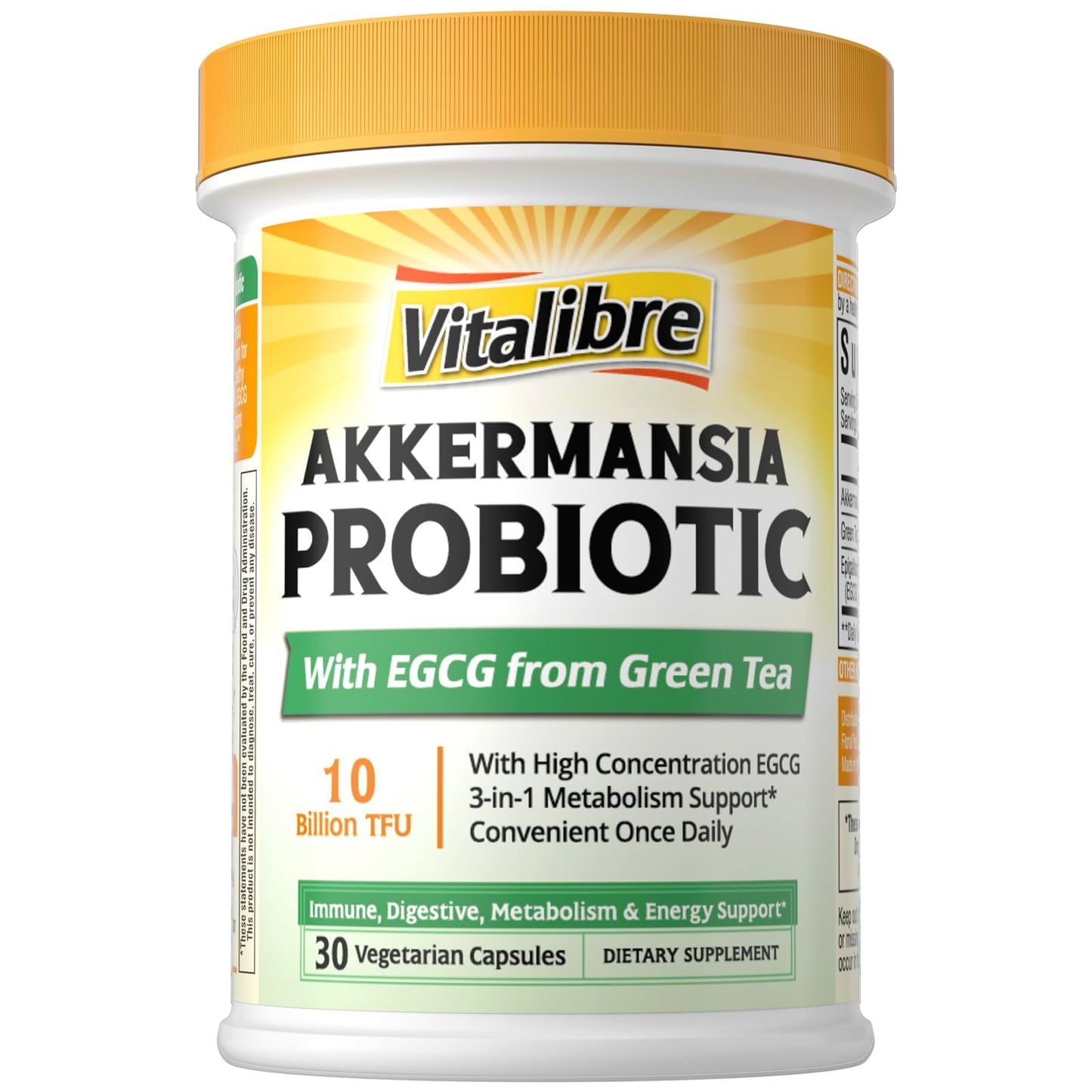 Vitalibre Akkermansia Probiotic 10 Billion TFU with Concentrated EGCG from Green Tea Extract, GLP-1 Supplement for Gut Health, Metabolism Support & Sustain Energy Levels, 30 Vegan Capsules