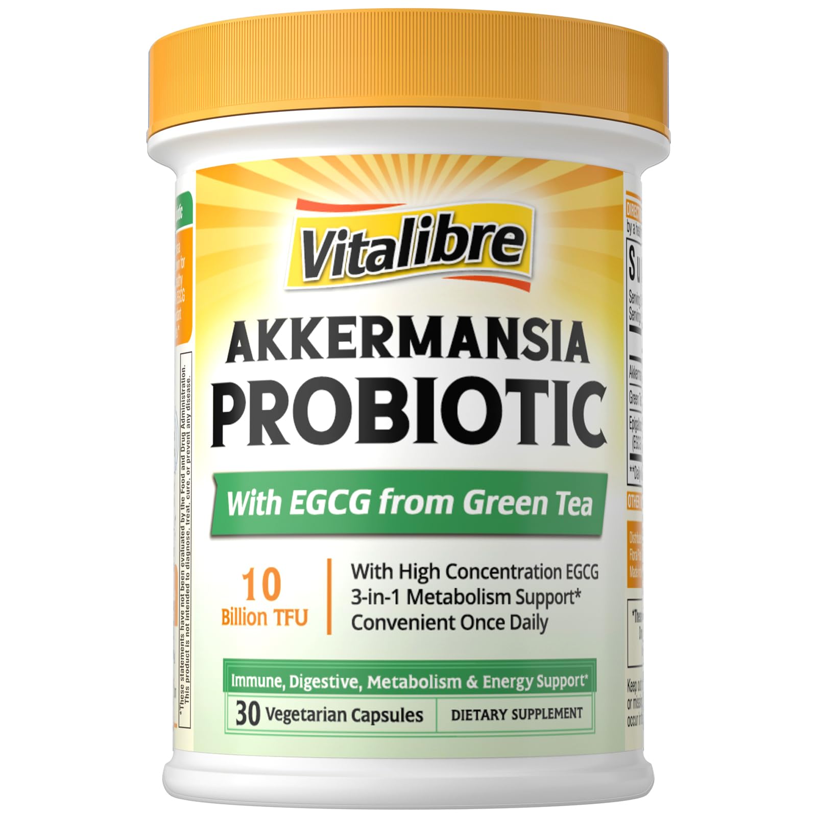 Vitalibre Akkermansia Probiotic 10 Billion TFU with Concentrated EGCG from Green Tea Extract, GLP-1 Supplement for Gut Health, Metabolism Support & Sustain Energy Levels, 30 Vegan Capsules