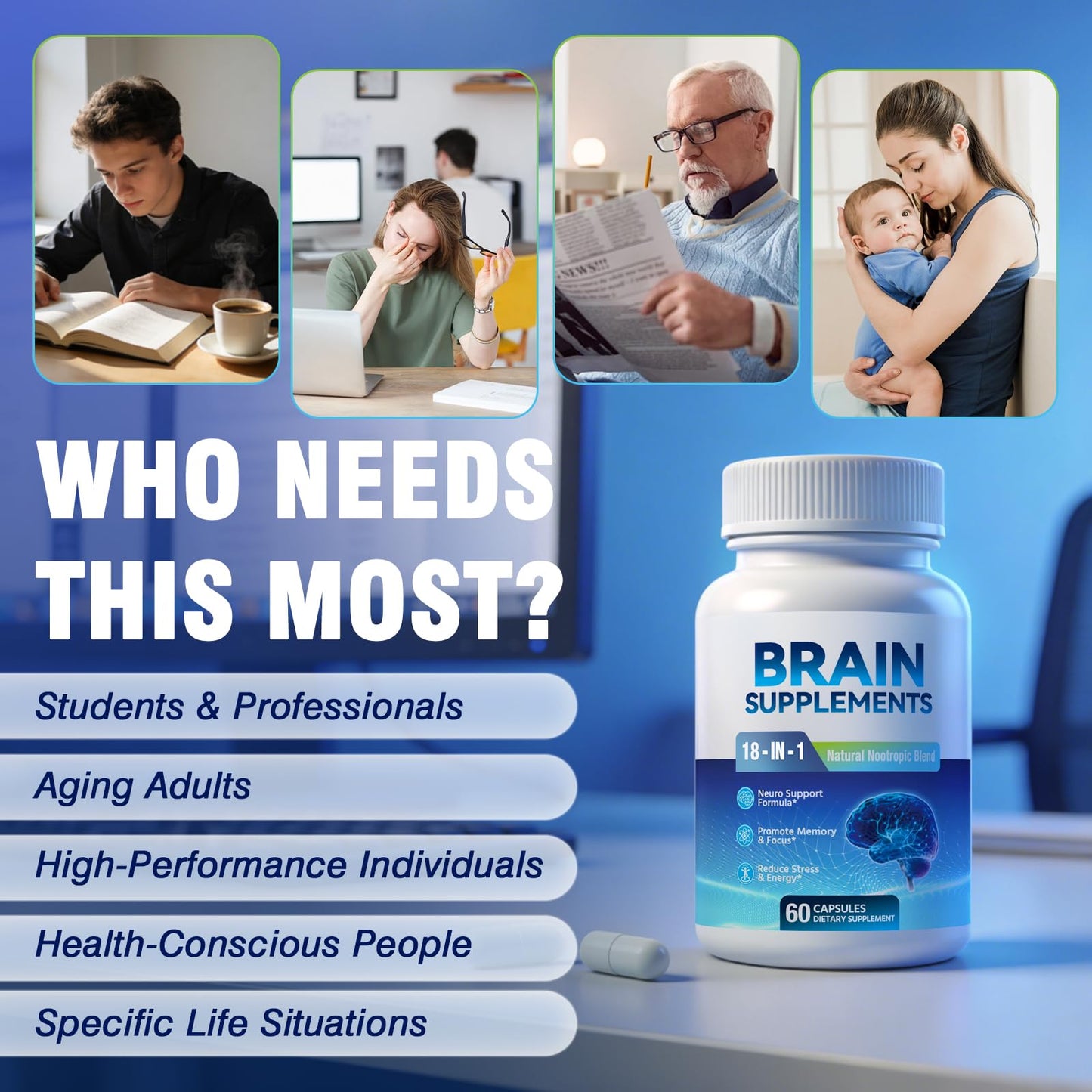 Fenolutra 18-in-1 Brain Supplement for Memory and Focus, Capsules, 60 Count
