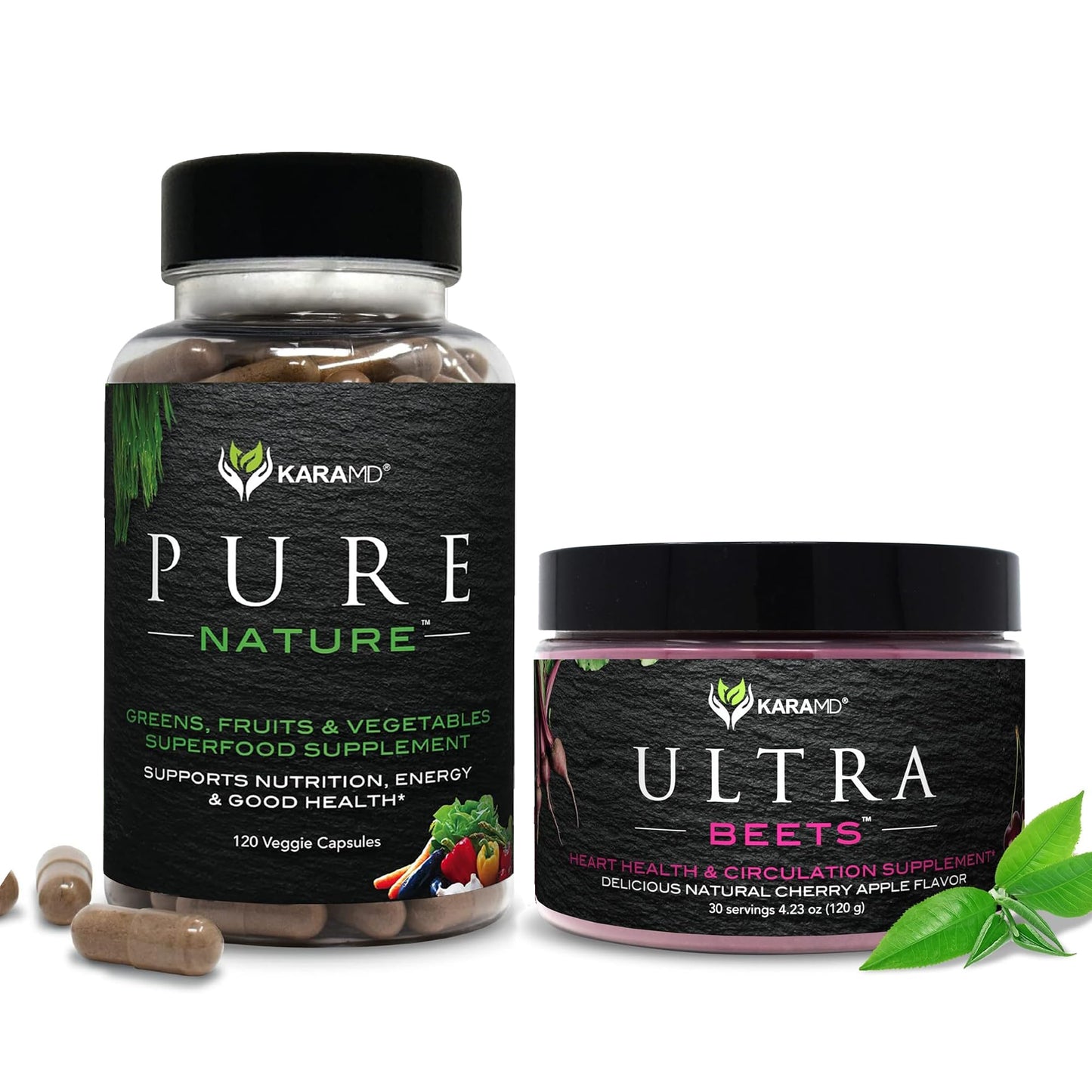 KaraMD Pure Nature Greens Whole Food Supplement & UltraBeets Beetroot Superfood Powder, 30 Servings